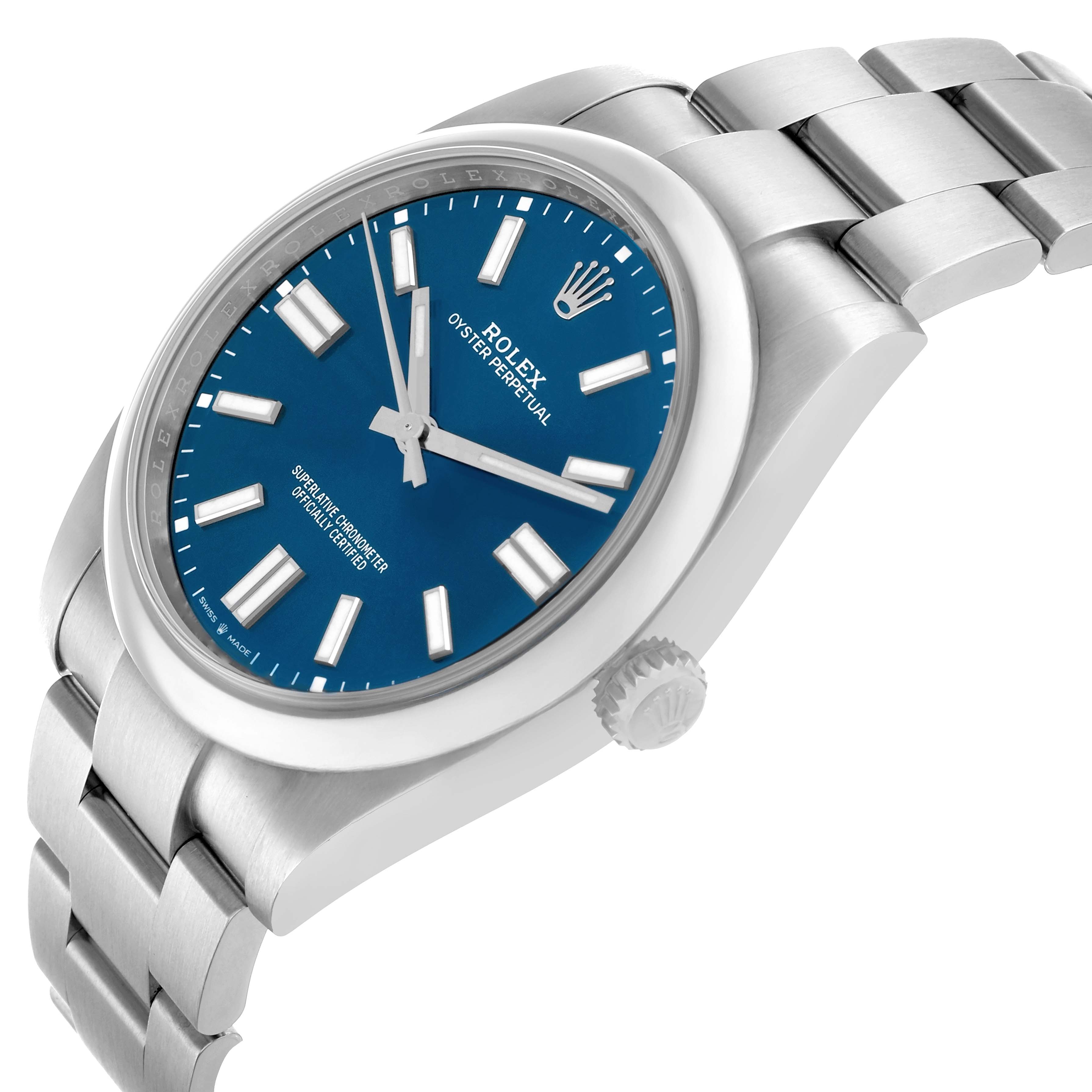 The Rolex Oyster Perpetual 124300 Men
s Stainless Steel Blue Dial watch is shown at a slight angle, highlighting the blue dial, crown, and metal bracelet.