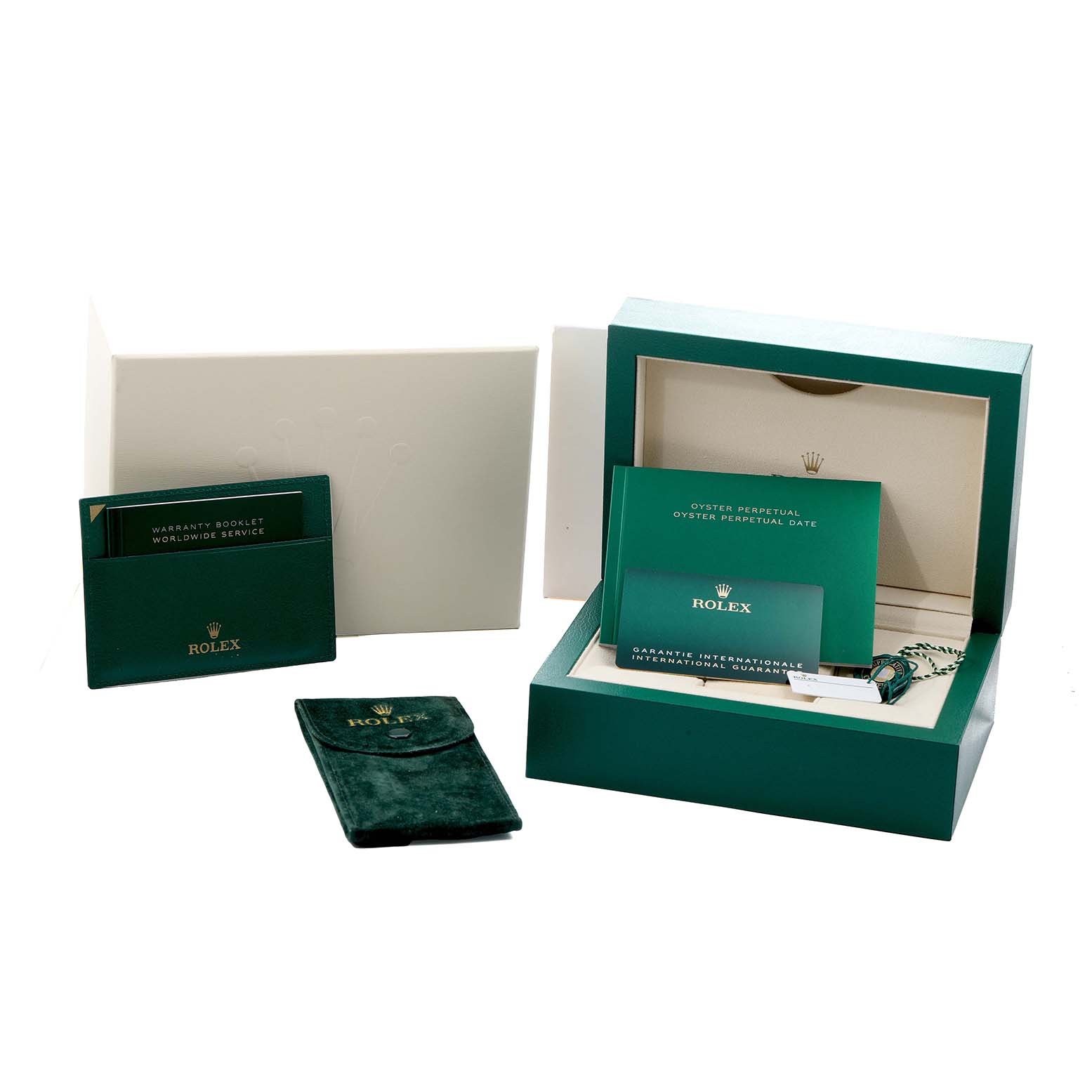The image shows the packaging and documentation for a Rolex Oyster Perpetual 124300 Men
s Stainless Steel Blue Dial, including boxes and booklets, but not the watch itself.
