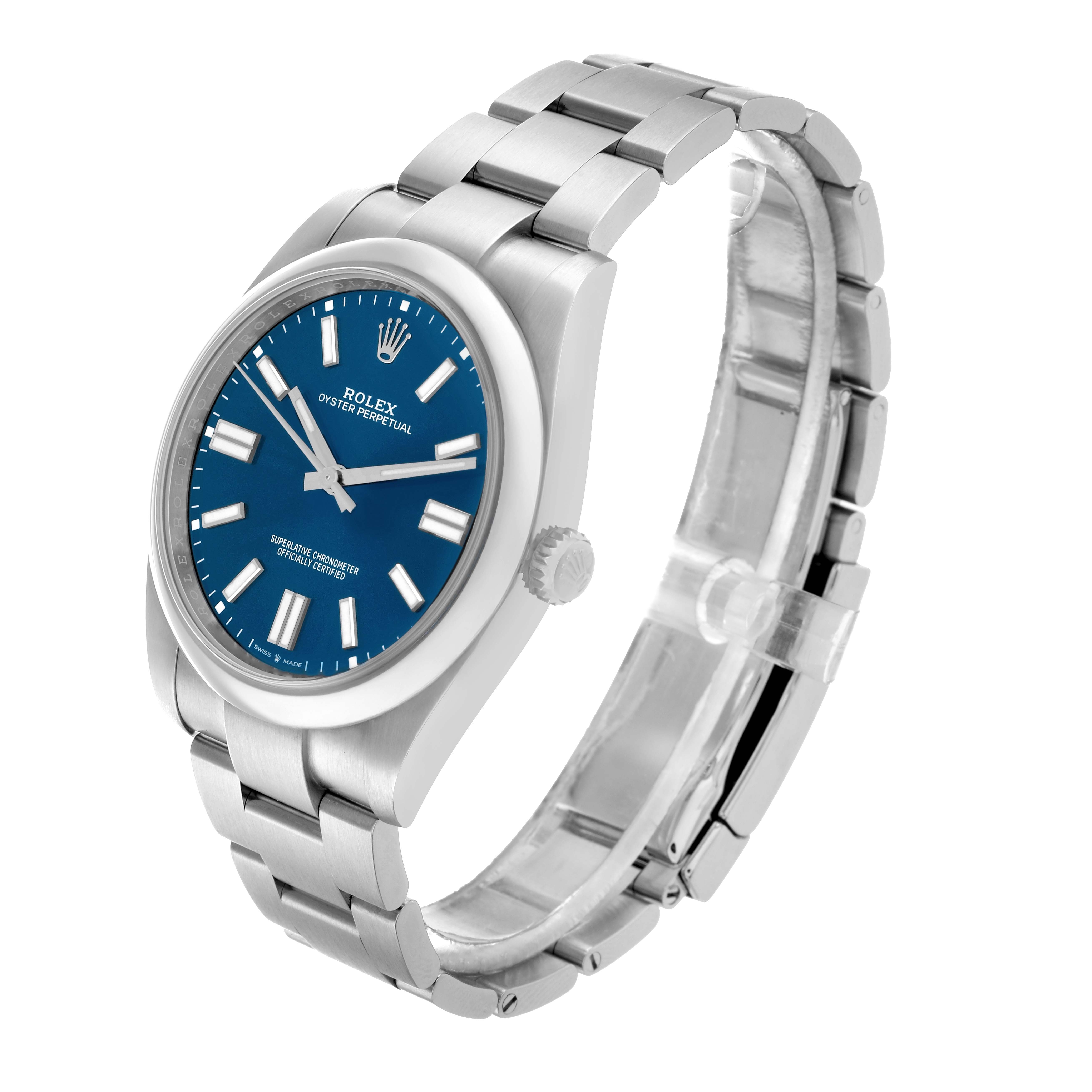 The Rolex Oyster Perpetual 124300 Men
s Stainless Steel Blue Dial watch is shown at a three-quarter angle, highlighting the blue dial, bracelet, and crown.