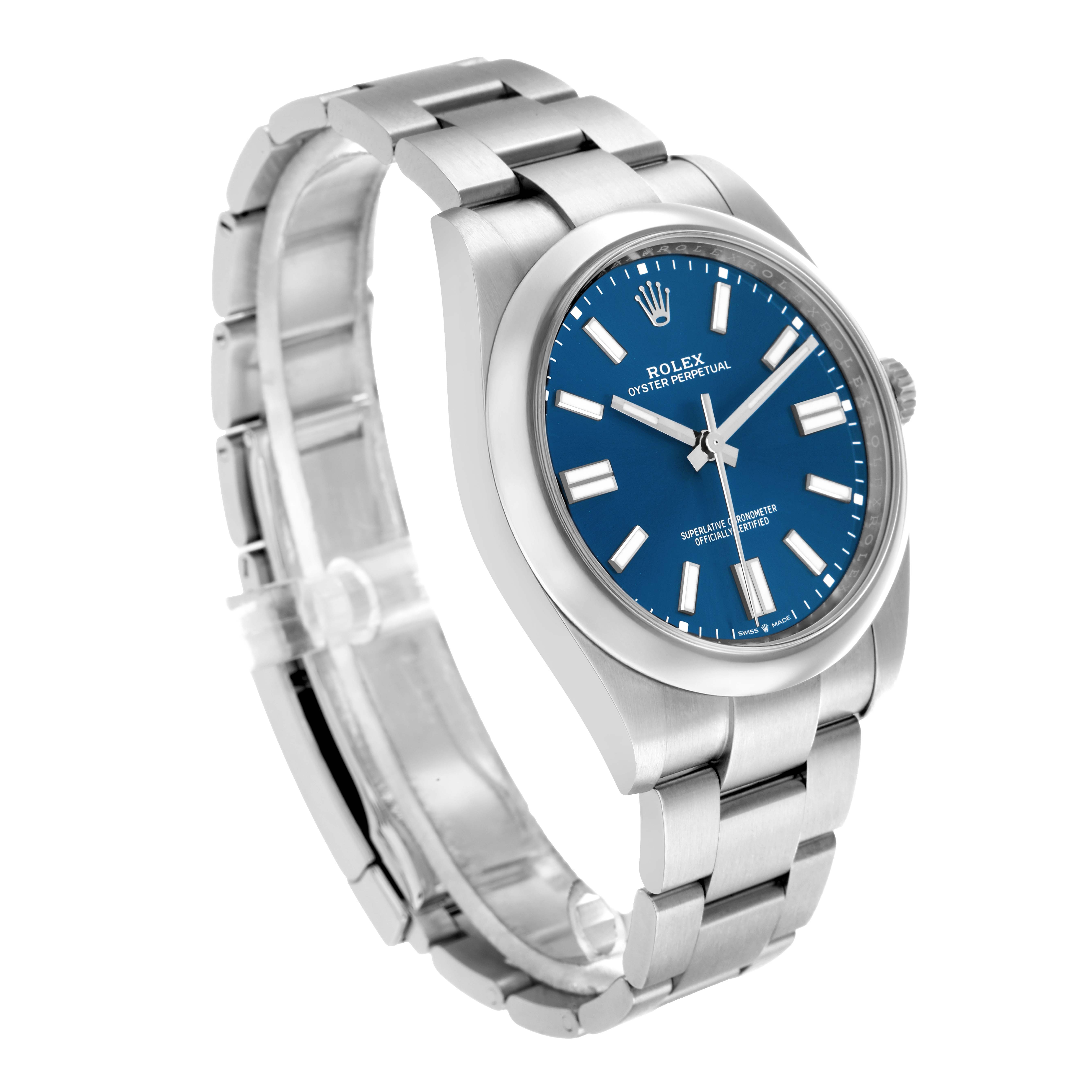 The Rolex Oyster Perpetual 124300 Men
s Stainless Steel Blue Dial watch is shown at a three-quarter angle, highlighting the blue dial, bezel, and bracelet.