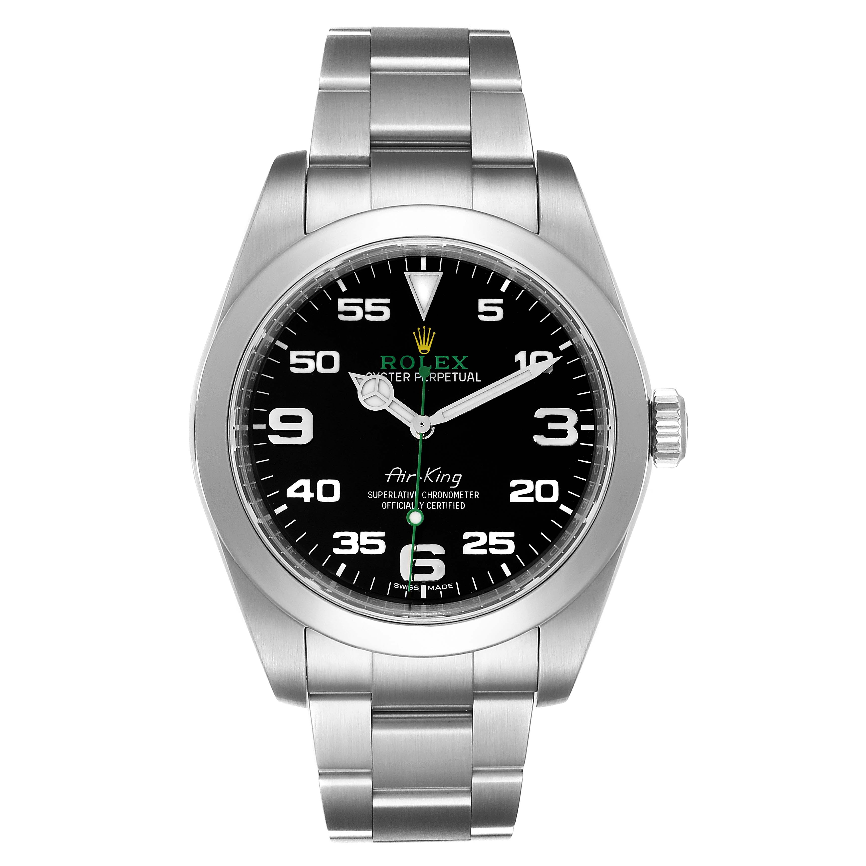 The image shows a front view of the Rolex Air-King 116900 Men's Stainless Steel Black Dial 116900 Men's Stainless Steel Black Dial watch, highlighting the black dial, stainless steel case, and bracelet.