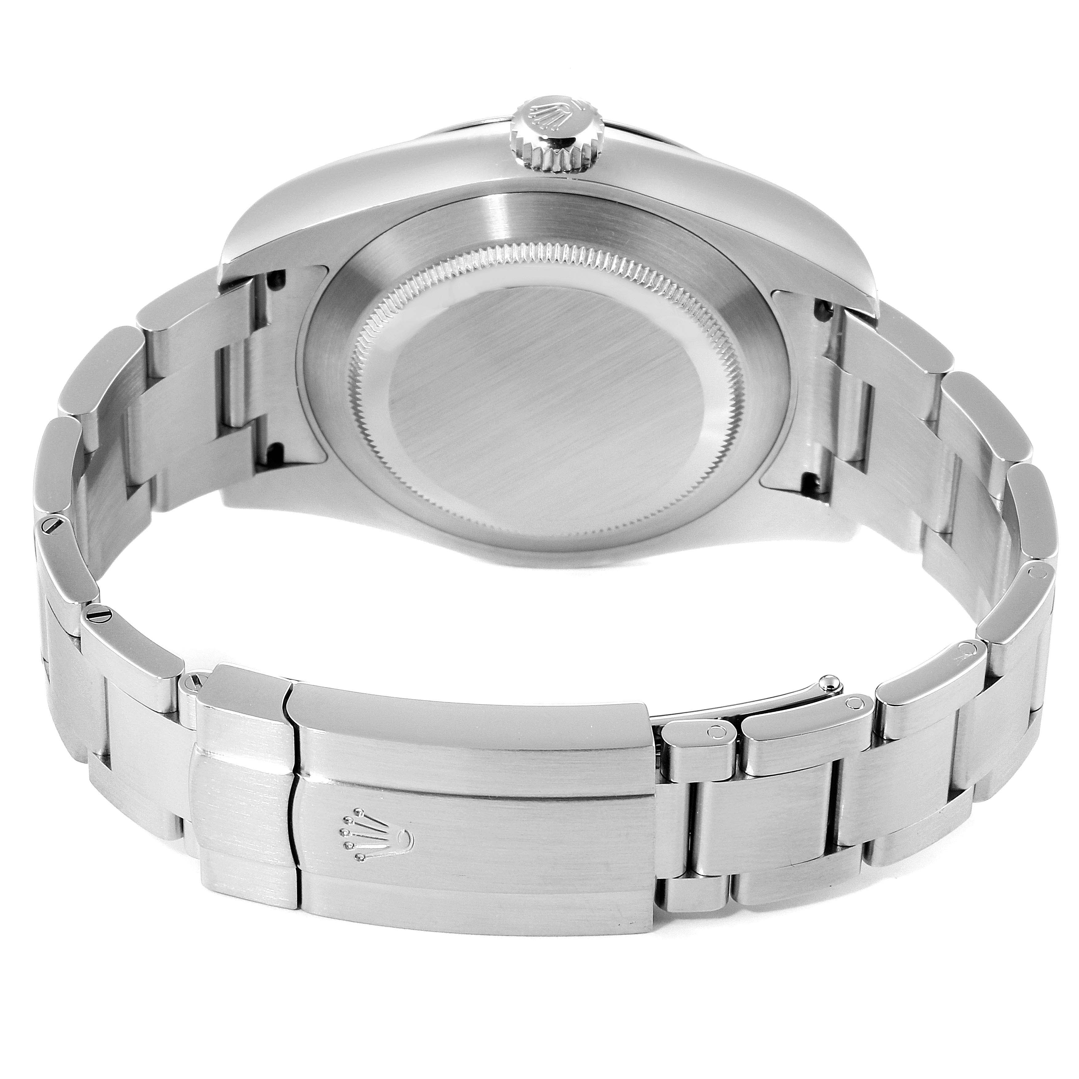 The image shows the back view of a Rolex Air-King 116900 Men's Stainless Steel Black Dial 116900 Men's Stainless Steel Black Dial watch, highlighting the case and metal bracelet with the clasp.