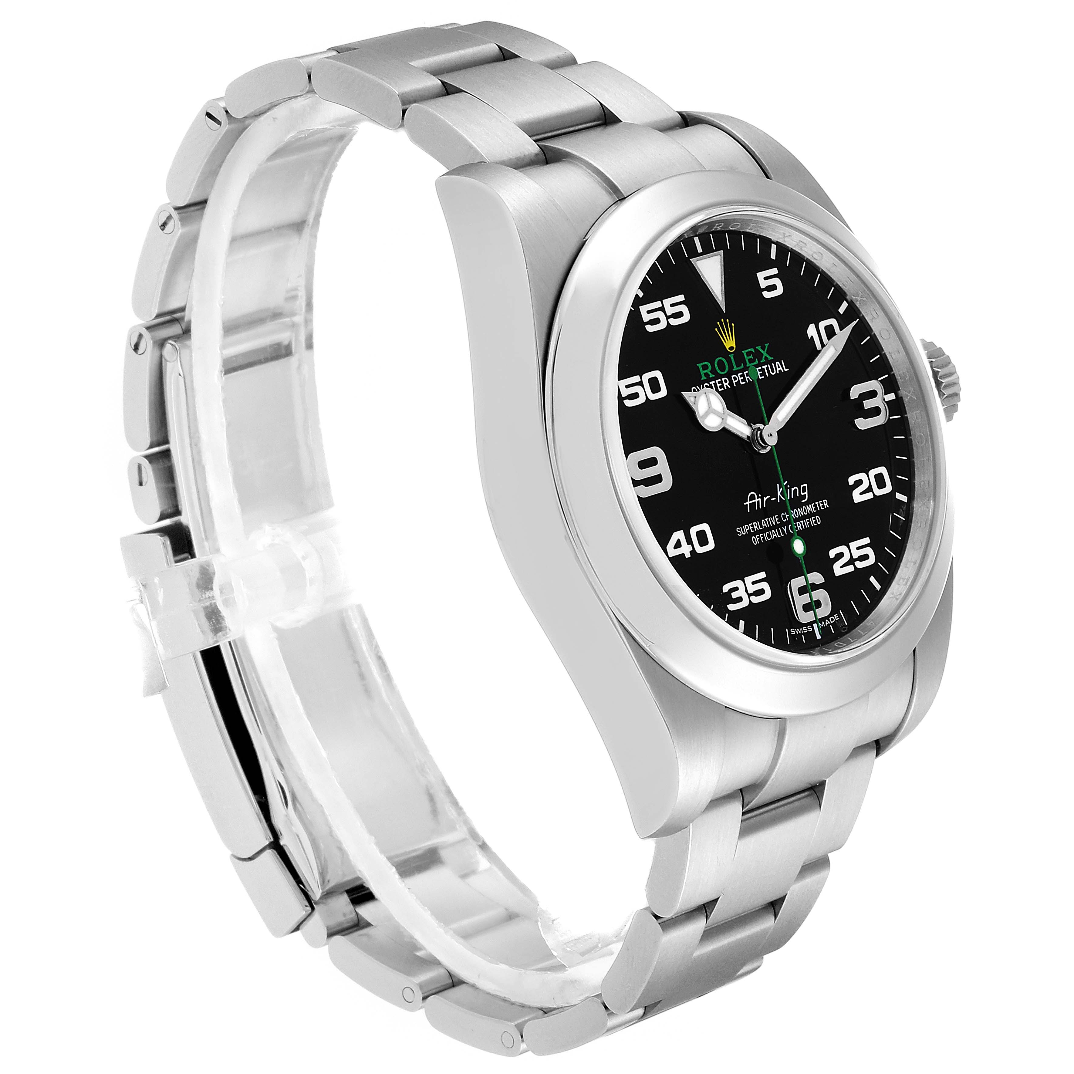 The image shows a side angle of a Rolex Air-King 116900 Men's Stainless Steel Black Dial 116900 Men's Stainless Steel Black Dial watch, highlighting the stainless steel case, black dial, and bracelet.