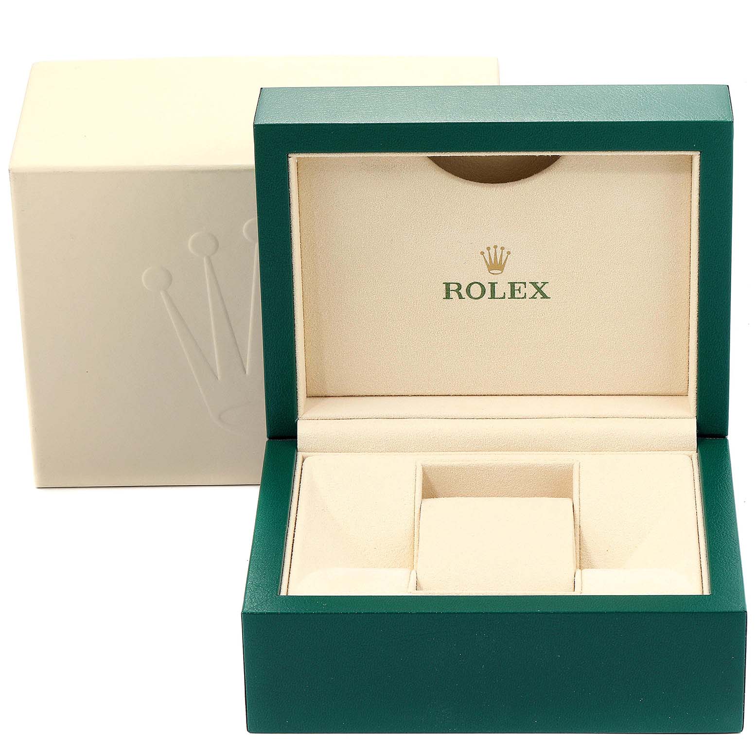 The image shows an open Rolex watch box with the lid featuring the Rolex logo and places to hold the Air-King model watch.