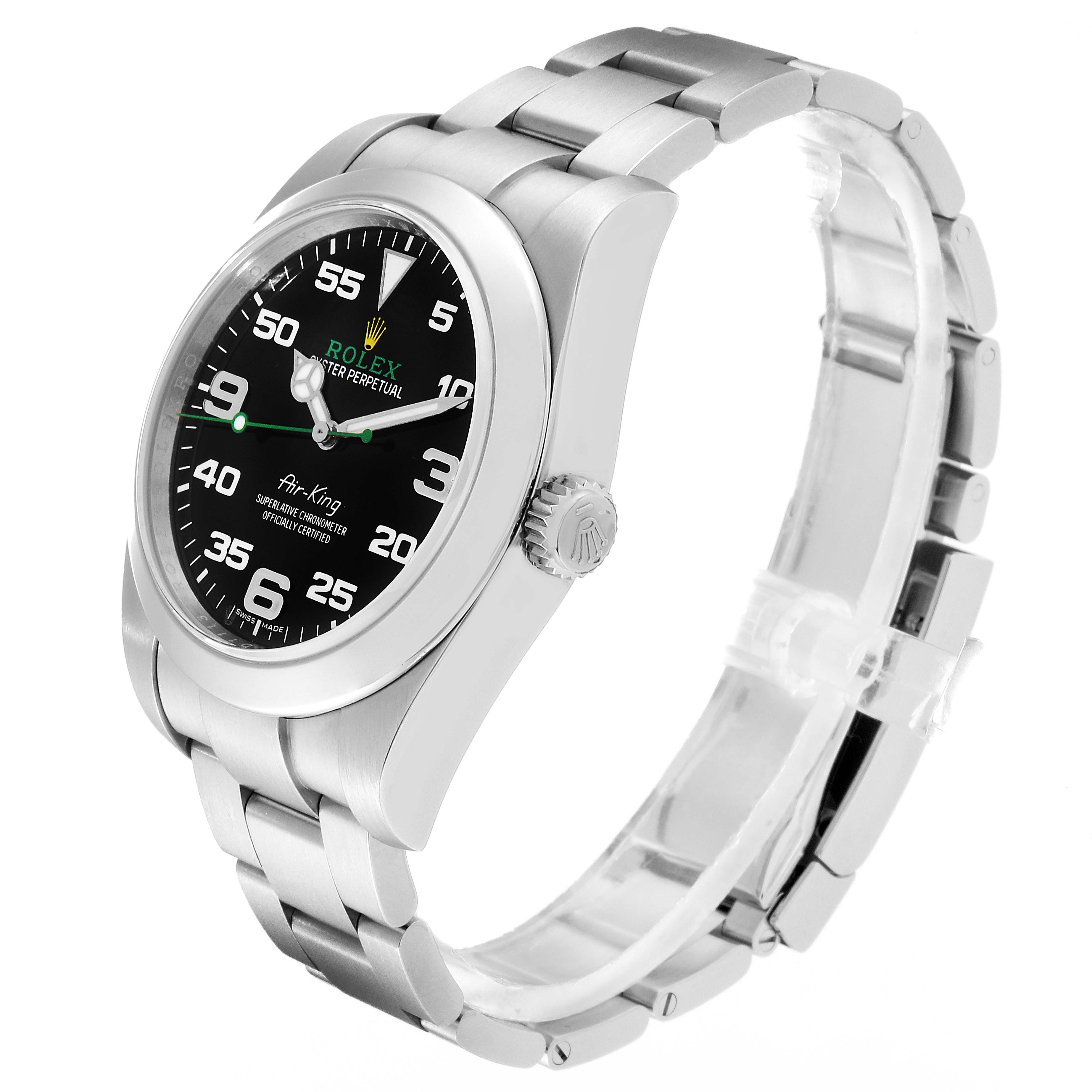 The image shows a Rolex Air-King 116900 Men's Stainless Steel Black Dial 116900 Men's Stainless Steel Black Dial watch from a side angle, highlighting the black dial, stainless steel case, and bracelet.