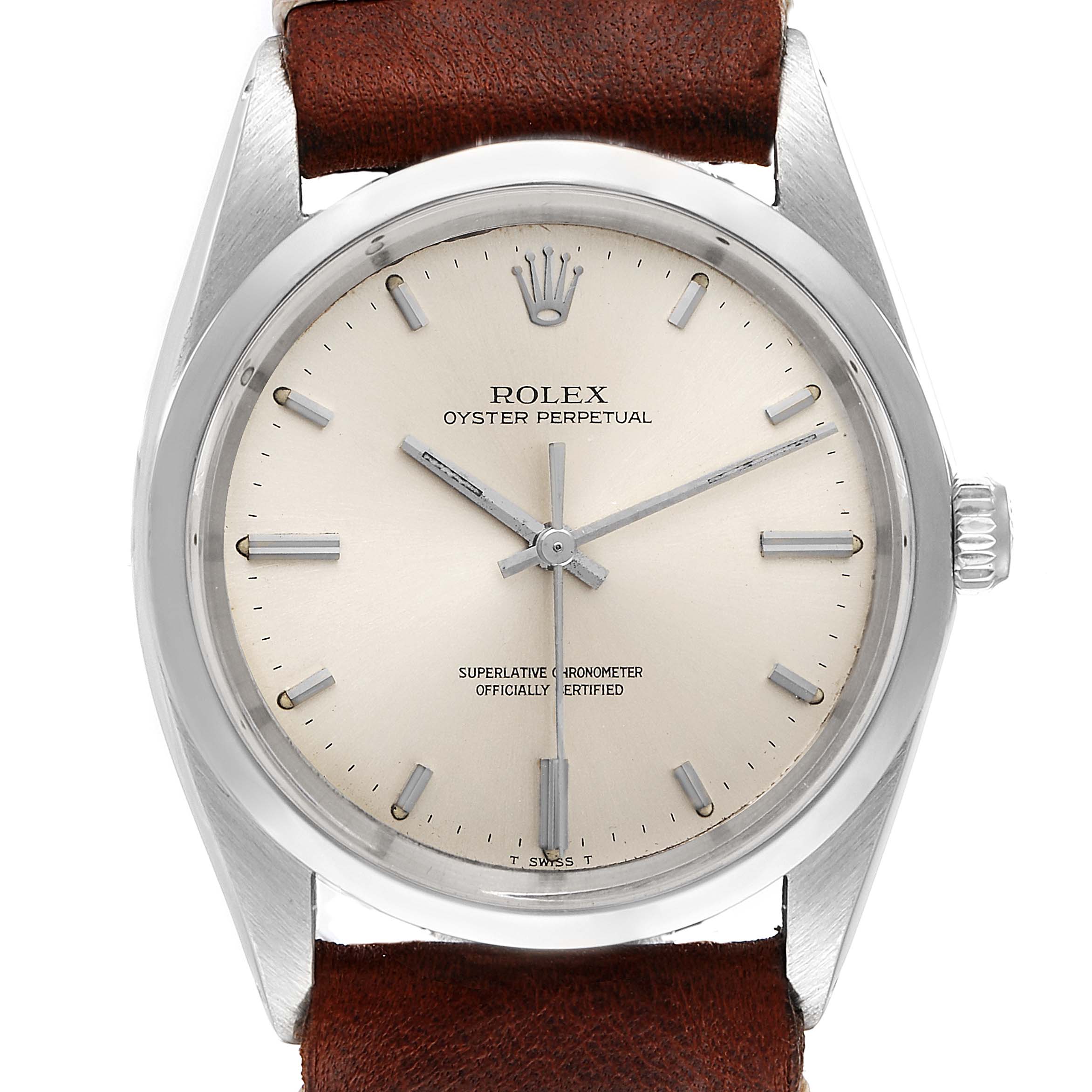 This image shows a frontal view of the Vintage Collection Rolex Oyster Perpetual, highlighting its dial, hands, and brown leather strap.