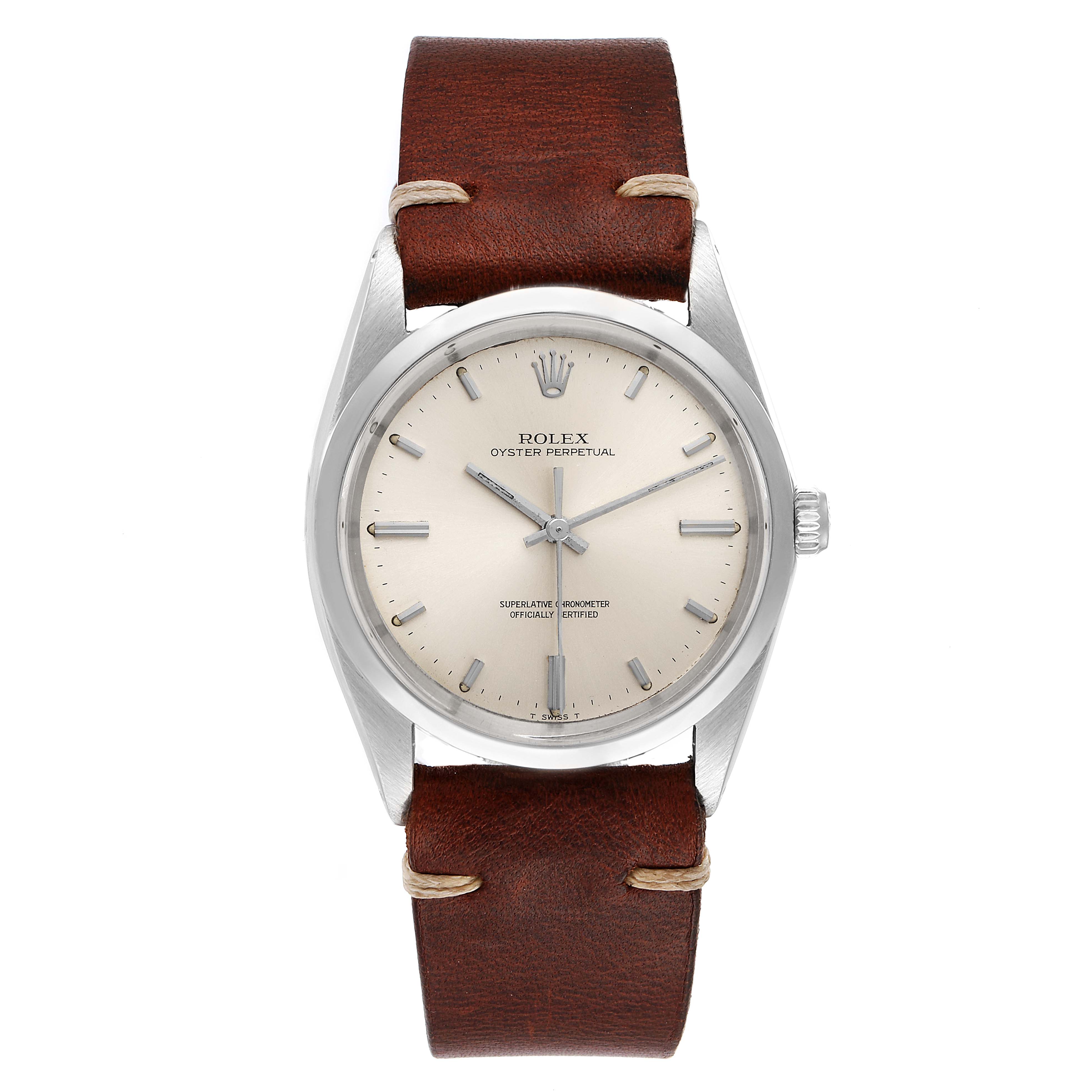 The image shows a front view of a Rolex Vintage Collection 1018 Men's Stainless Steel Silver Dial 1018 Men's Stainless Steel Silver Dial watch with a brown leather strap.