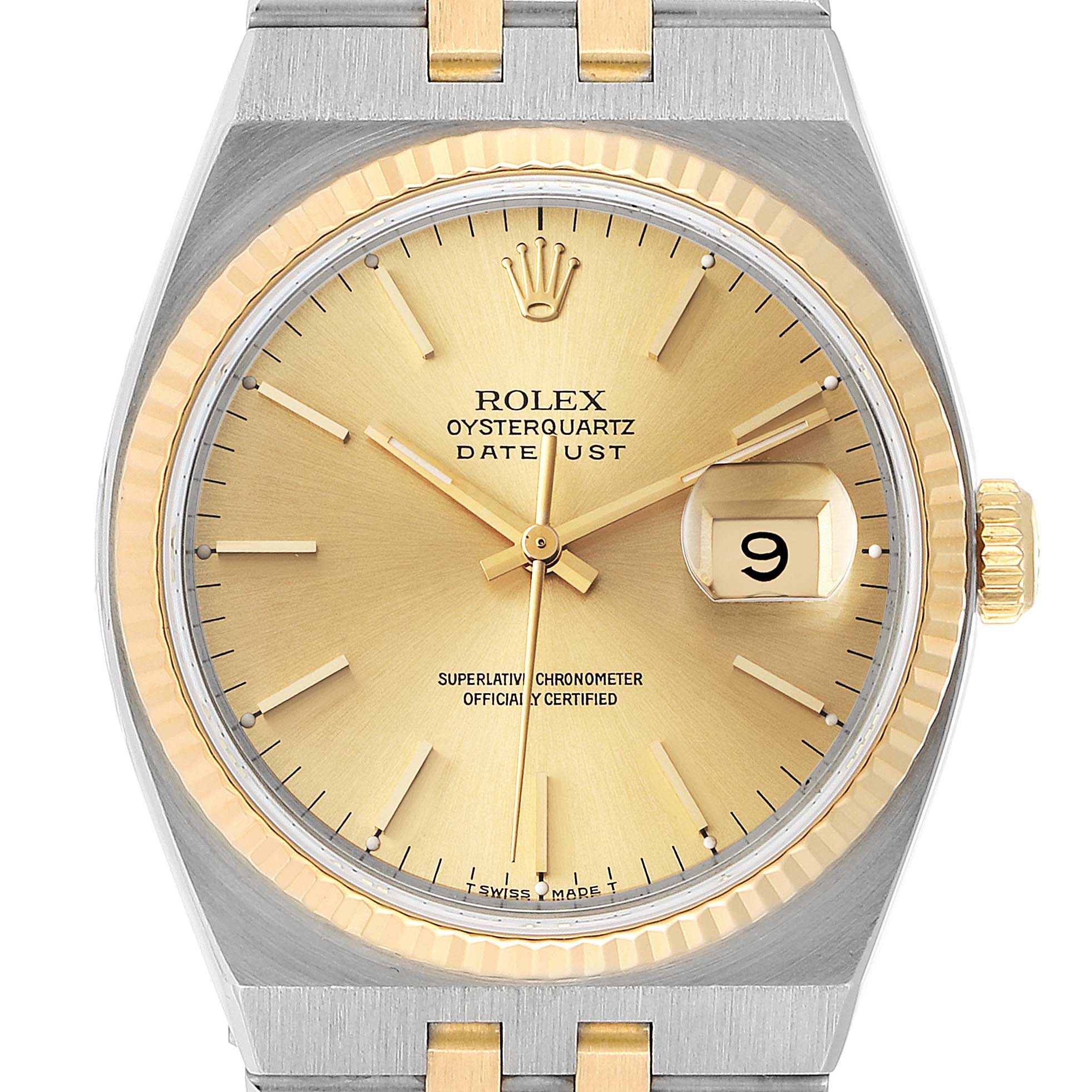 The image shows a front view of the Rolex Oysterquartz 17013 Men's Steel and Gold (two tone) Champagne Dial 17013 Men's Steel and Gold (two tone) Champagne Dial watch, highlighting the gold dial, date window, and crown.