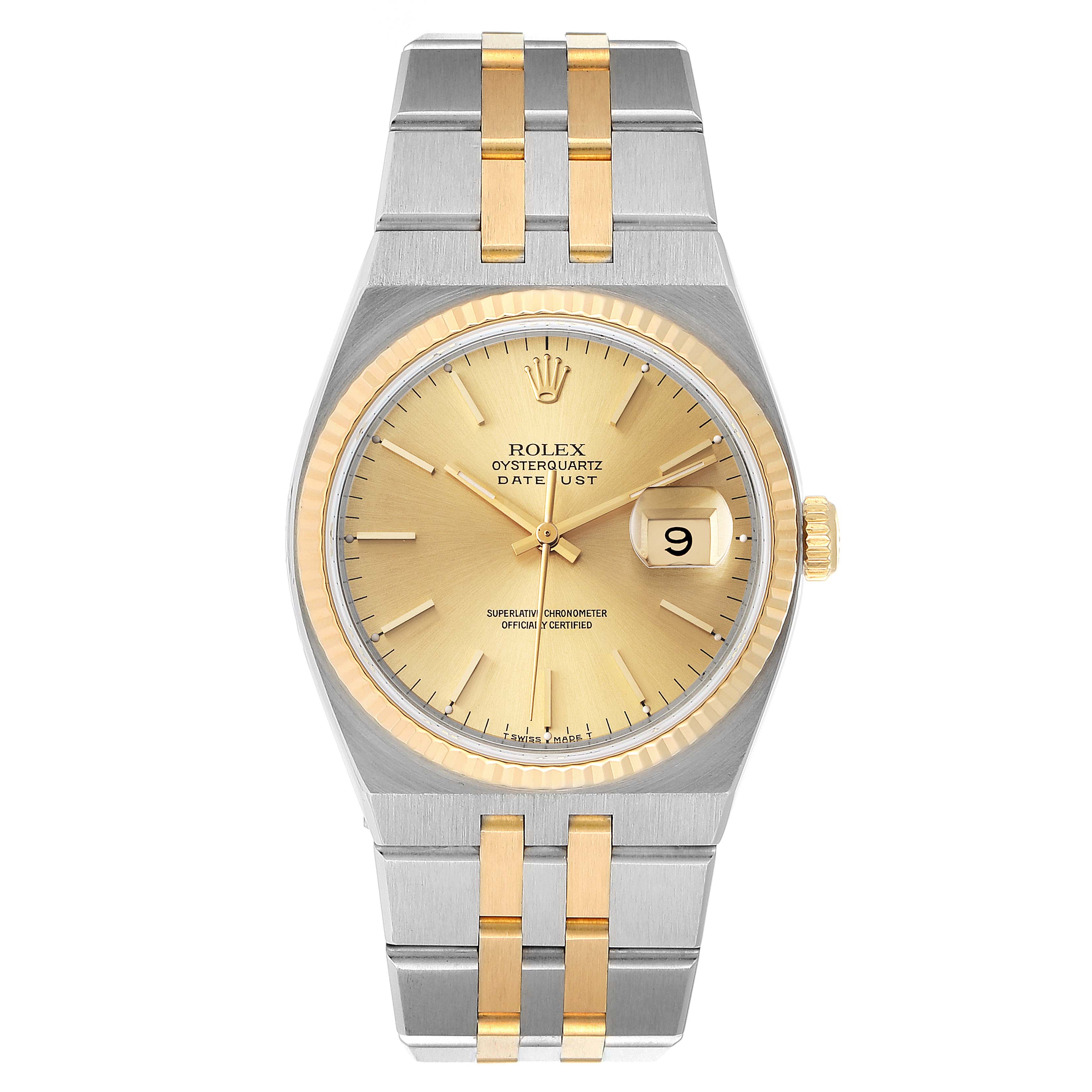 The Rolex Oysterquartz 17013 Men's Steel and Gold (two tone) Champagne Dial 17013 Men's Steel and Gold (two tone) Champagne Dial watch is shown from a top-down angle, displaying the face, bezel, and bracelet.