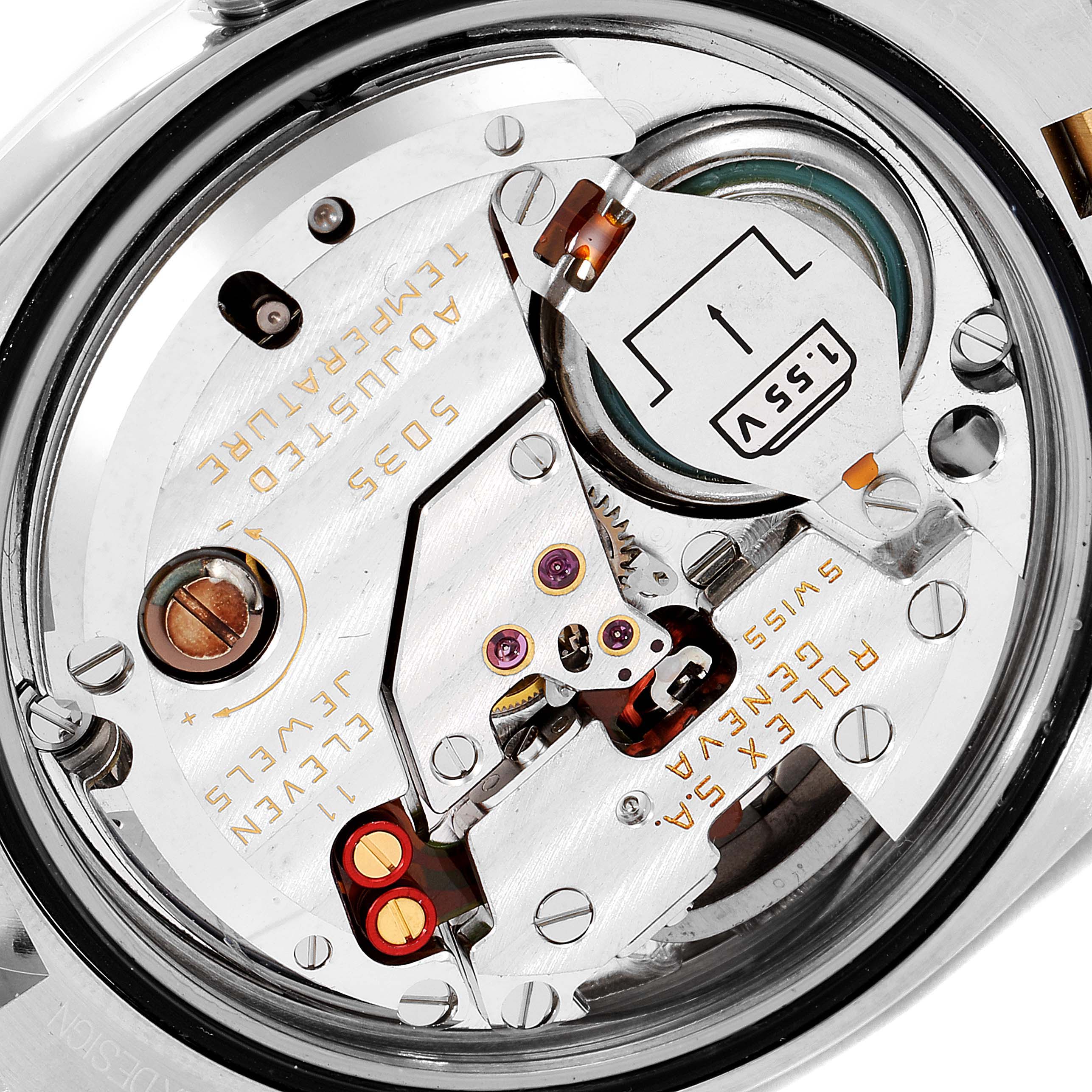 This close-up image shows the internal mechanism and intricate components of the Rolex Oysterquartz 17013 Men's Steel and Gold (two tone) Champagne Dial 17013 Men's Steel and Gold (two tone) Champagne Dial model.