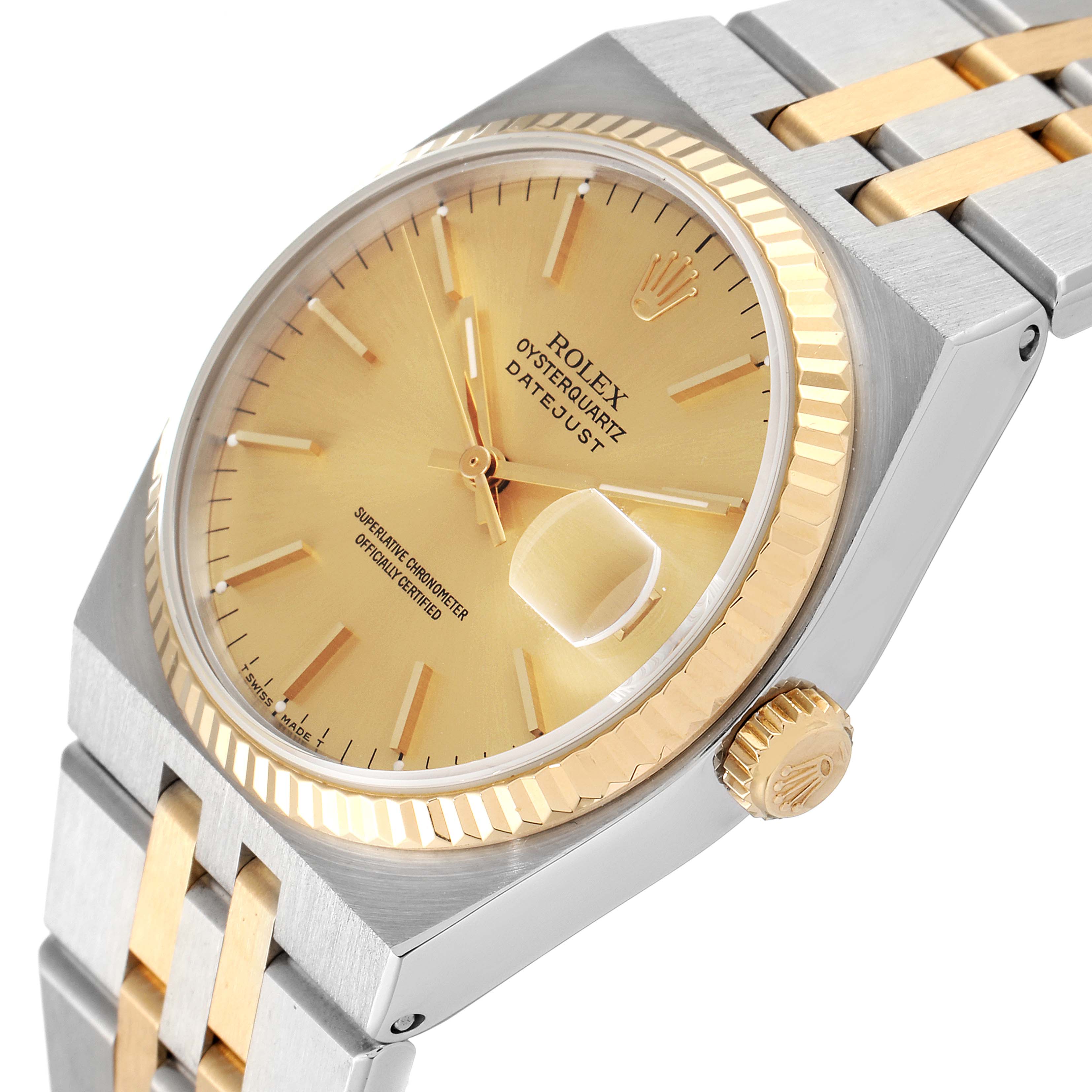 The image shows a close-up, angled view of the Rolex Oysterquartz 17013 Men's Steel and Gold (two tone) Champagne Dial 17013 Men's Steel and Gold (two tone) Champagne Dial Datejust watch, highlighting the dial, crown, and bracelet.