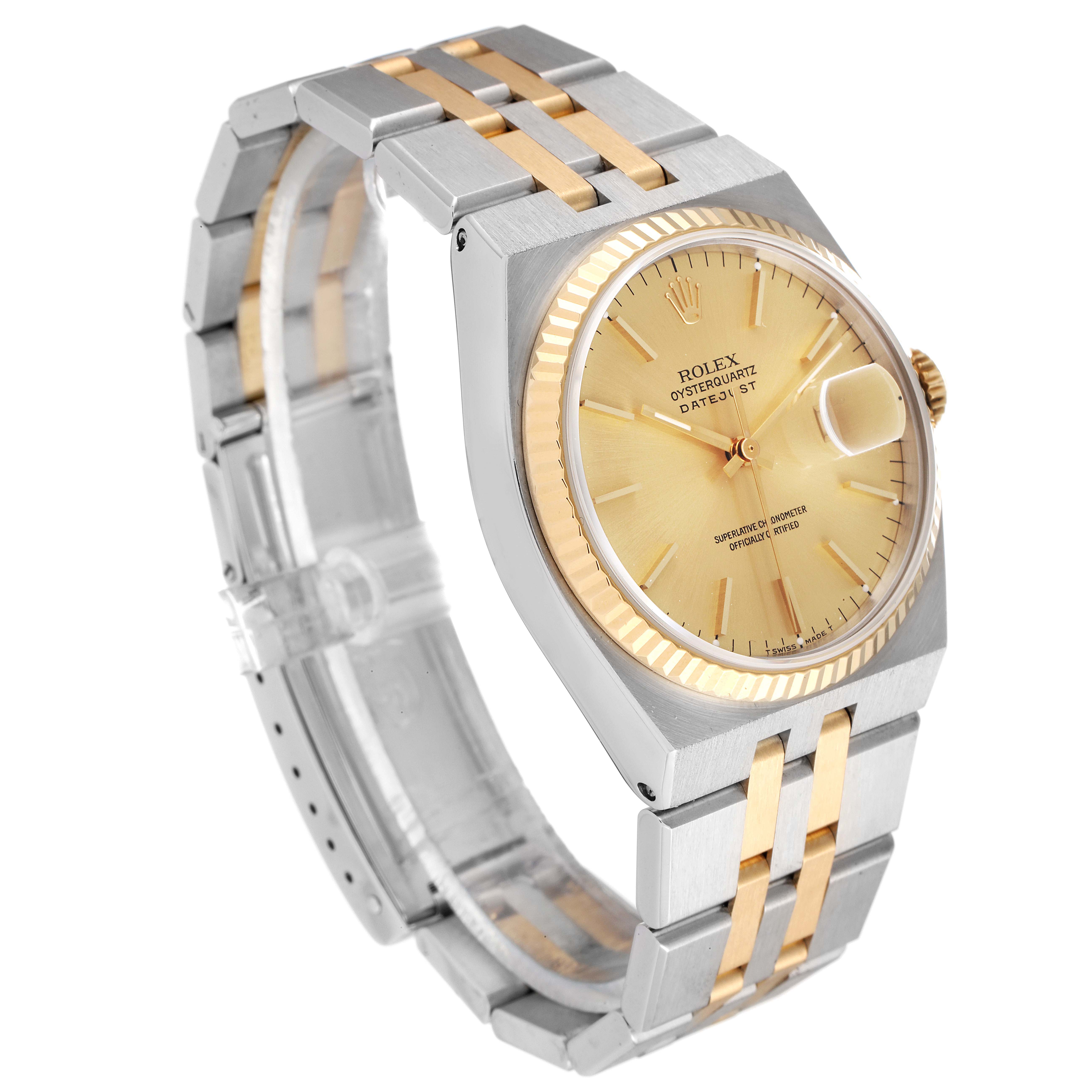 This image shows a Rolex Oysterquartz 17013 Men's Steel and Gold (two tone) Champagne Dial 17013 Men's Steel and Gold (two tone) Champagne Dial watch at a slight angle, highlighting its two-tone bracelet, bezel, and dial.
