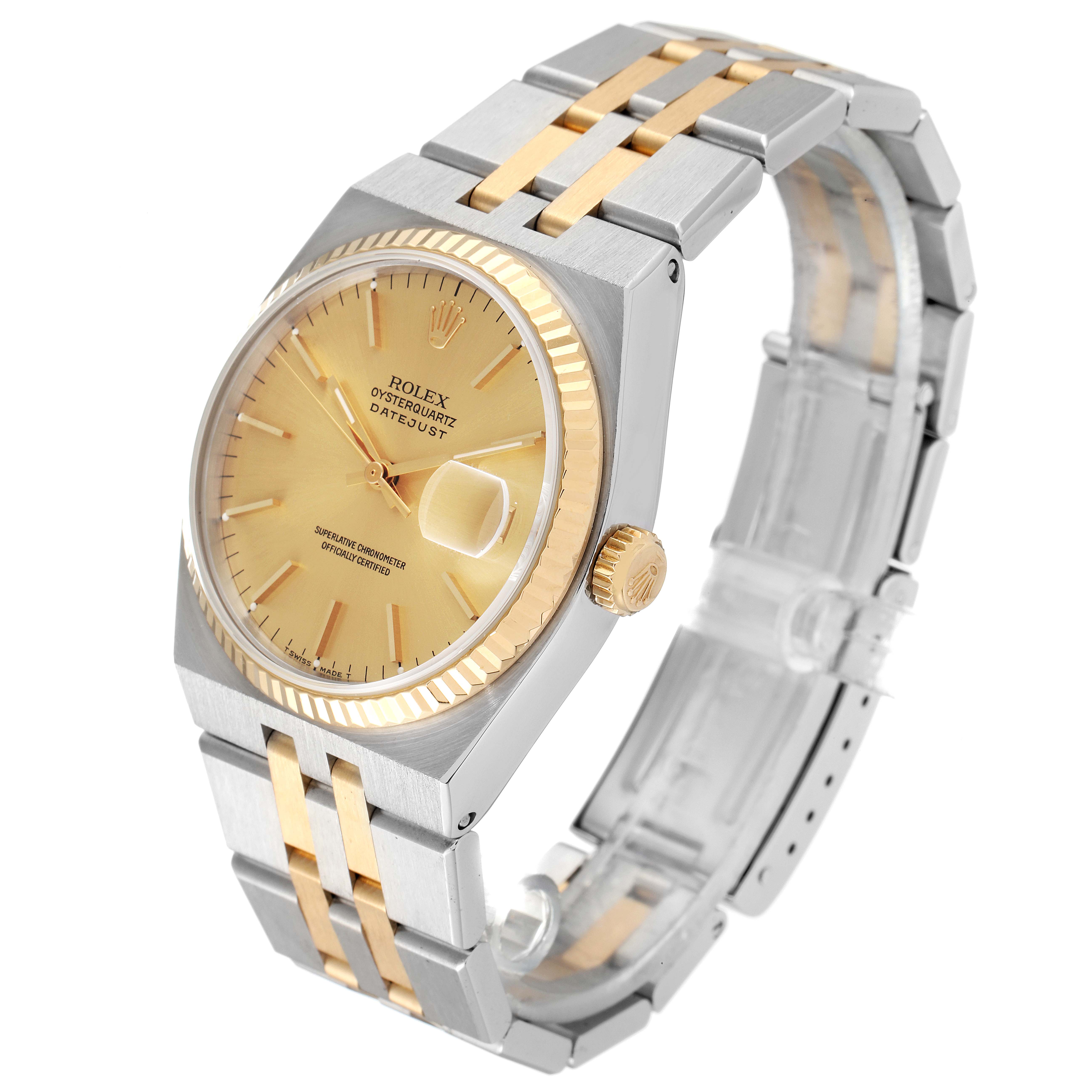 The Rolex Oysterquartz 17013 Men's Steel and Gold (two tone) Champagne Dial 17013 Men's Steel and Gold (two tone) Champagne Dial watch is shown at a slight angle displaying its face, bezel, crown, and two-toned bracelet.