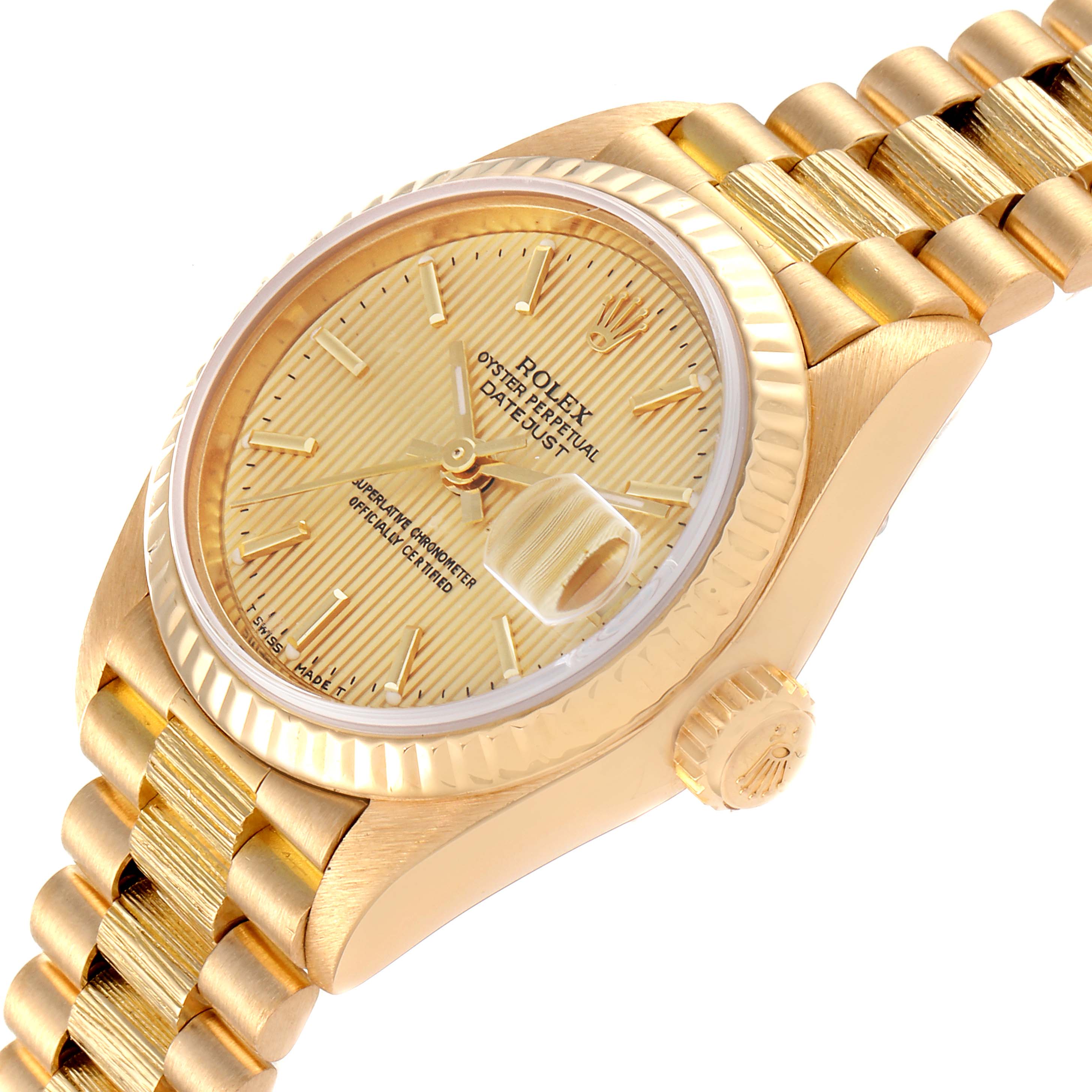 The image shows a Rolex President 69178 Women's Yellow Gold Champagne Dial 69178 Women's Yellow Gold Champagne Dial watch at an angled side view, highlighting its gold case, bracelet, fluted bezel, and crown.