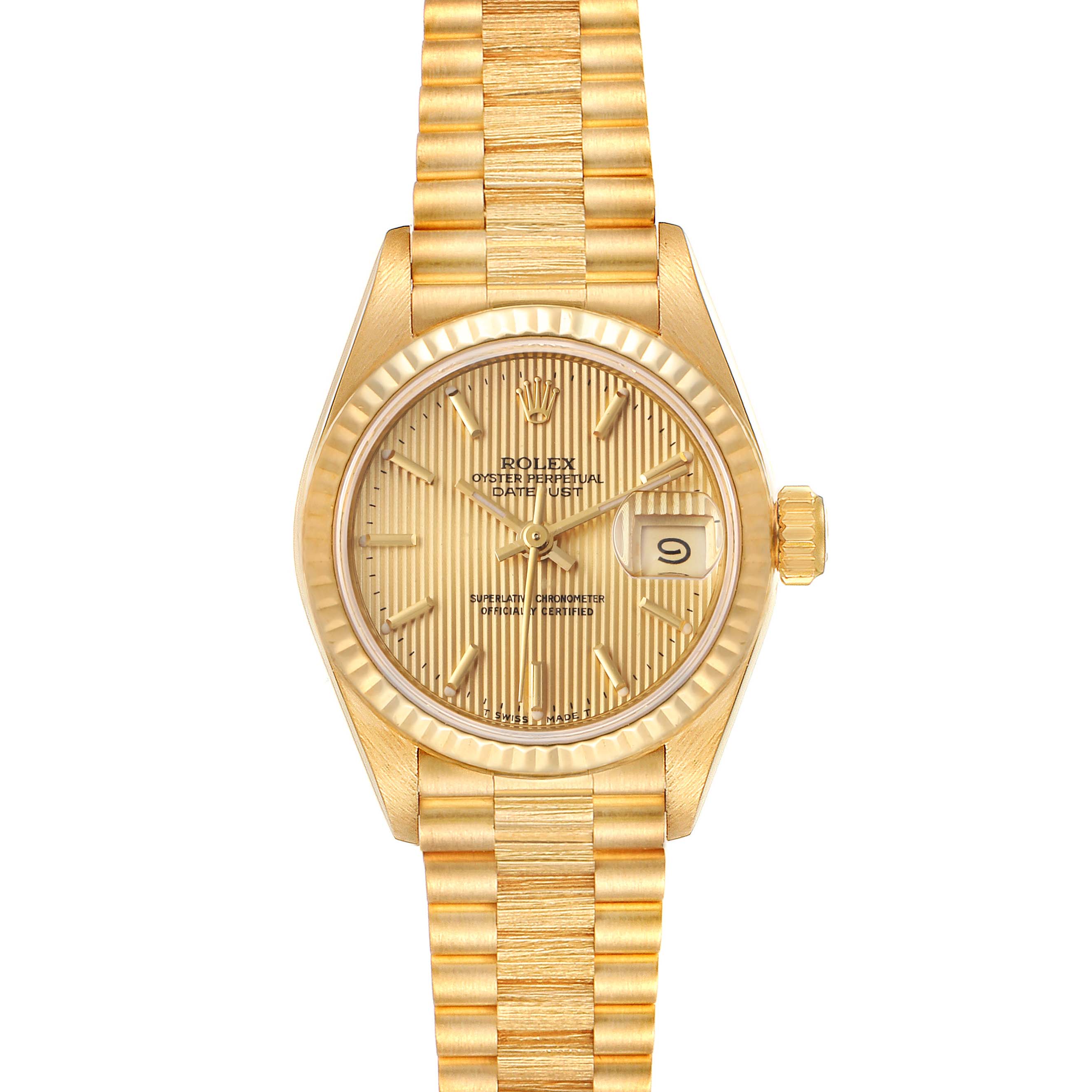 This is a front view of a Rolex President 69178 Women's Yellow Gold Champagne Dial 69178 Women's Yellow Gold Champagne Dial model watch, showing the face, dial, bezel, and bracelet.
