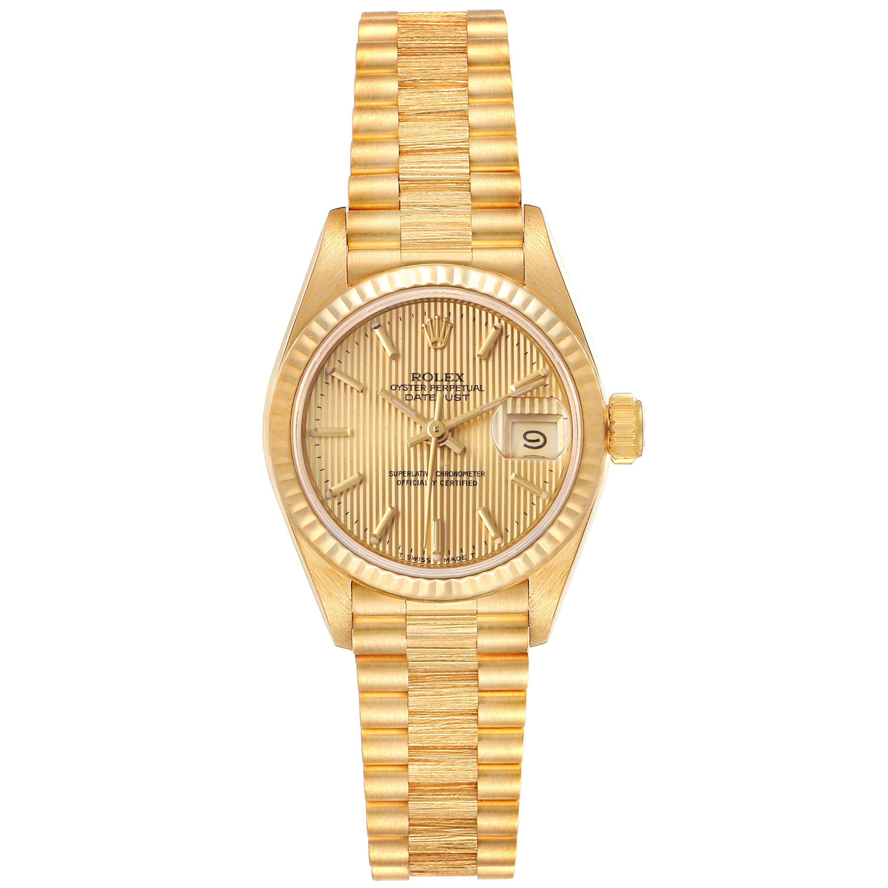 This is a front view of the Rolex President 69178 Women's Yellow Gold Champagne Dial 69178 Women's Yellow Gold Champagne Dial model, showing the dial, fluted bezel, date window, and the gold bracelet.