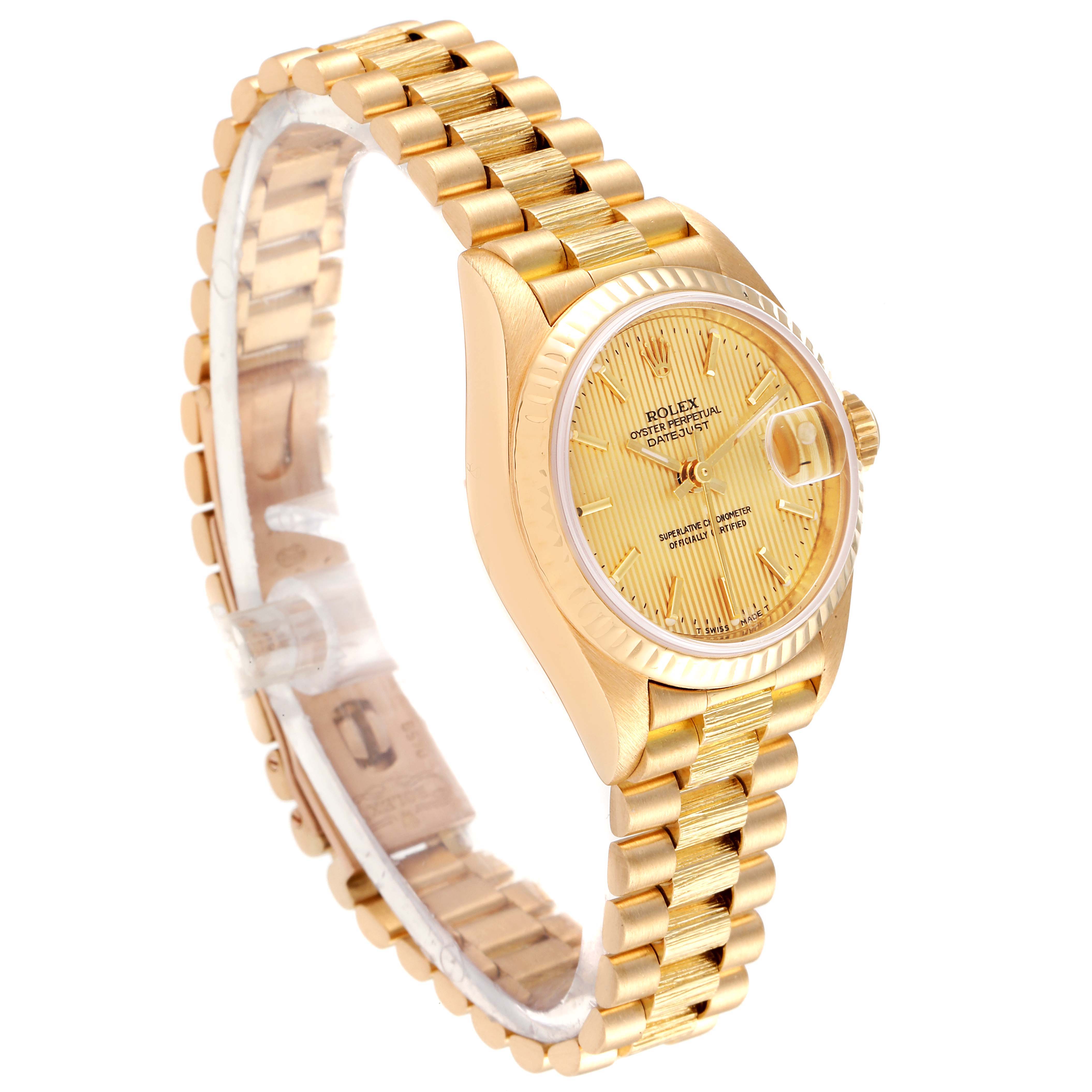 The Rolex President 69178 Women's Yellow Gold Champagne Dial 69178 Women's Yellow Gold Champagne Dial model watch is shown at an angle displaying its face, dial, bracelet, and crown.