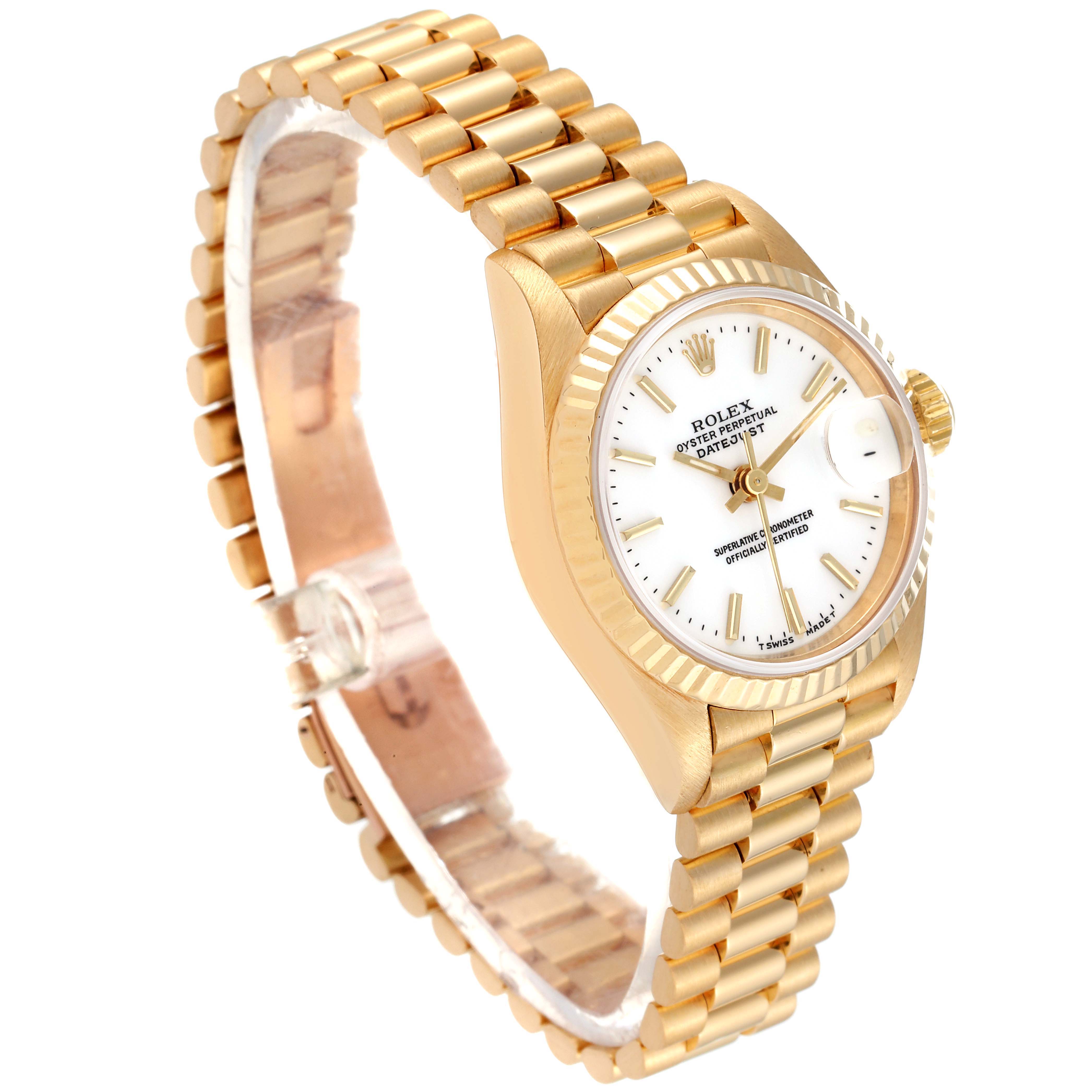 The image shows a Rolex President 69178 Women's Yellow Gold White Dial 69178 Women's Yellow Gold White Dial model watch at an angled view, displaying the gold bracelet, case, dial, and fluted bezel.