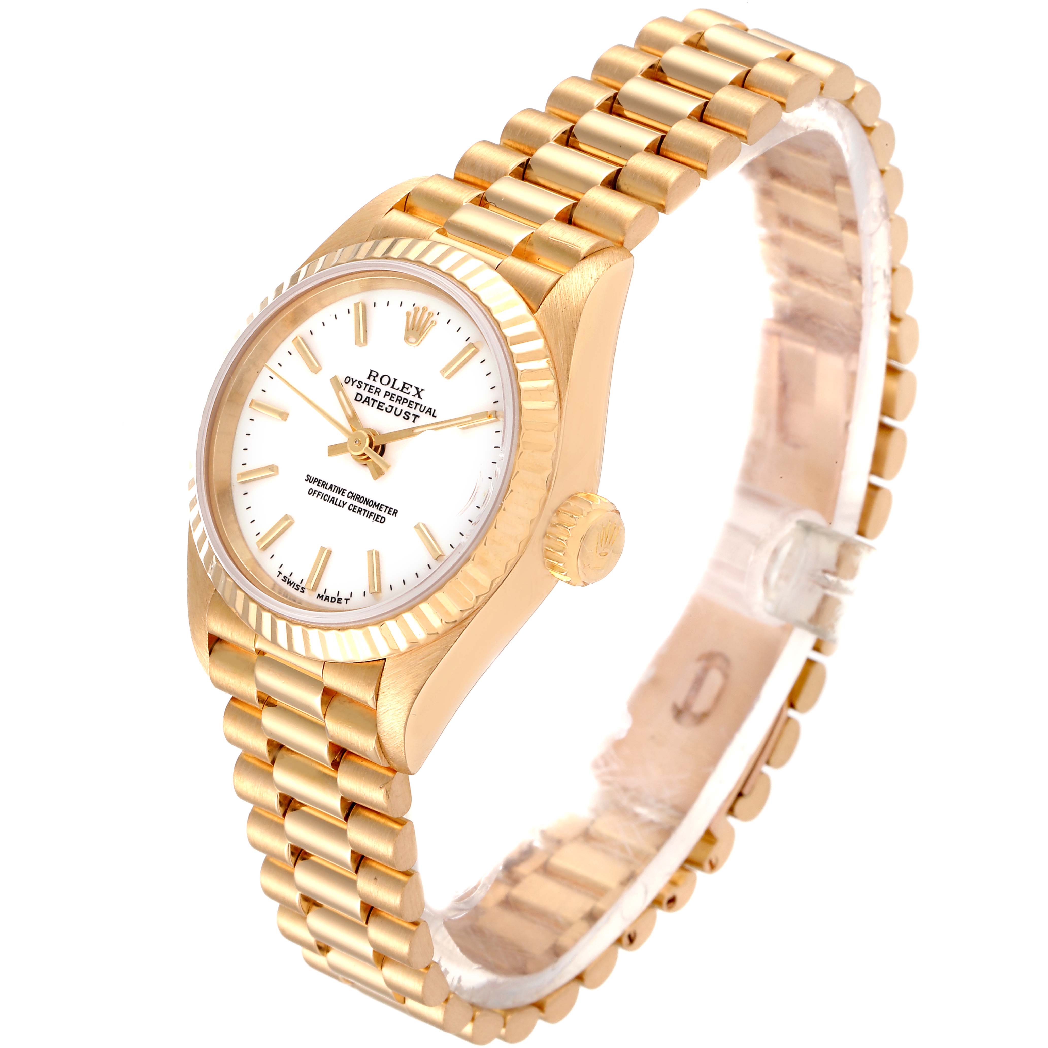 The image shows a Rolex President 69178 Women's Yellow Gold White Dial 69178 Women's Yellow Gold White Dial model watch at an angle displaying its gold bracelet, crown, and white dial with markers.