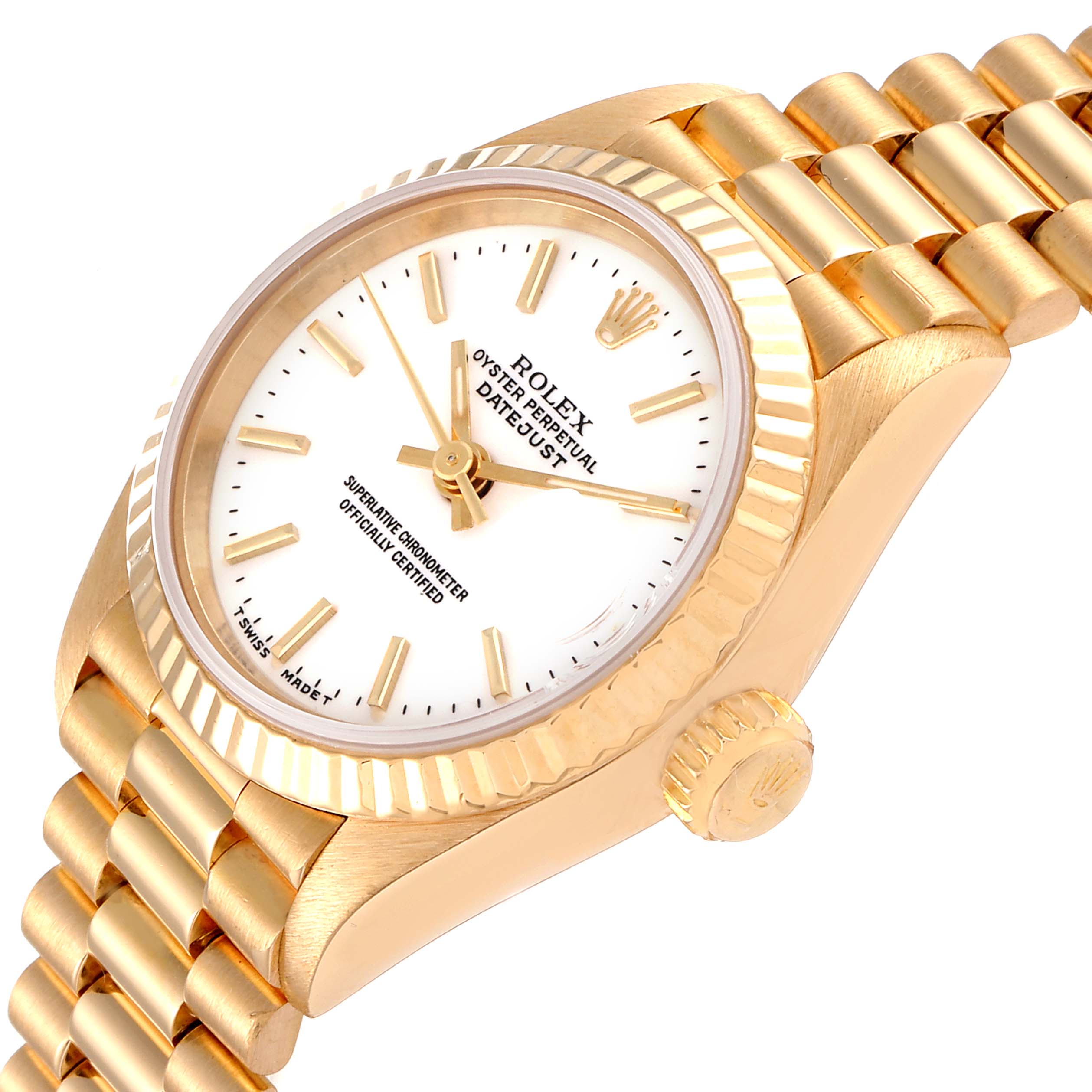 This Rolex President 69178 Women's Yellow Gold White Dial 69178 Women's Yellow Gold White Dial model watch is shown at an angled close-up view, highlighting the dial, bezel, crown, and part of the bracelet.