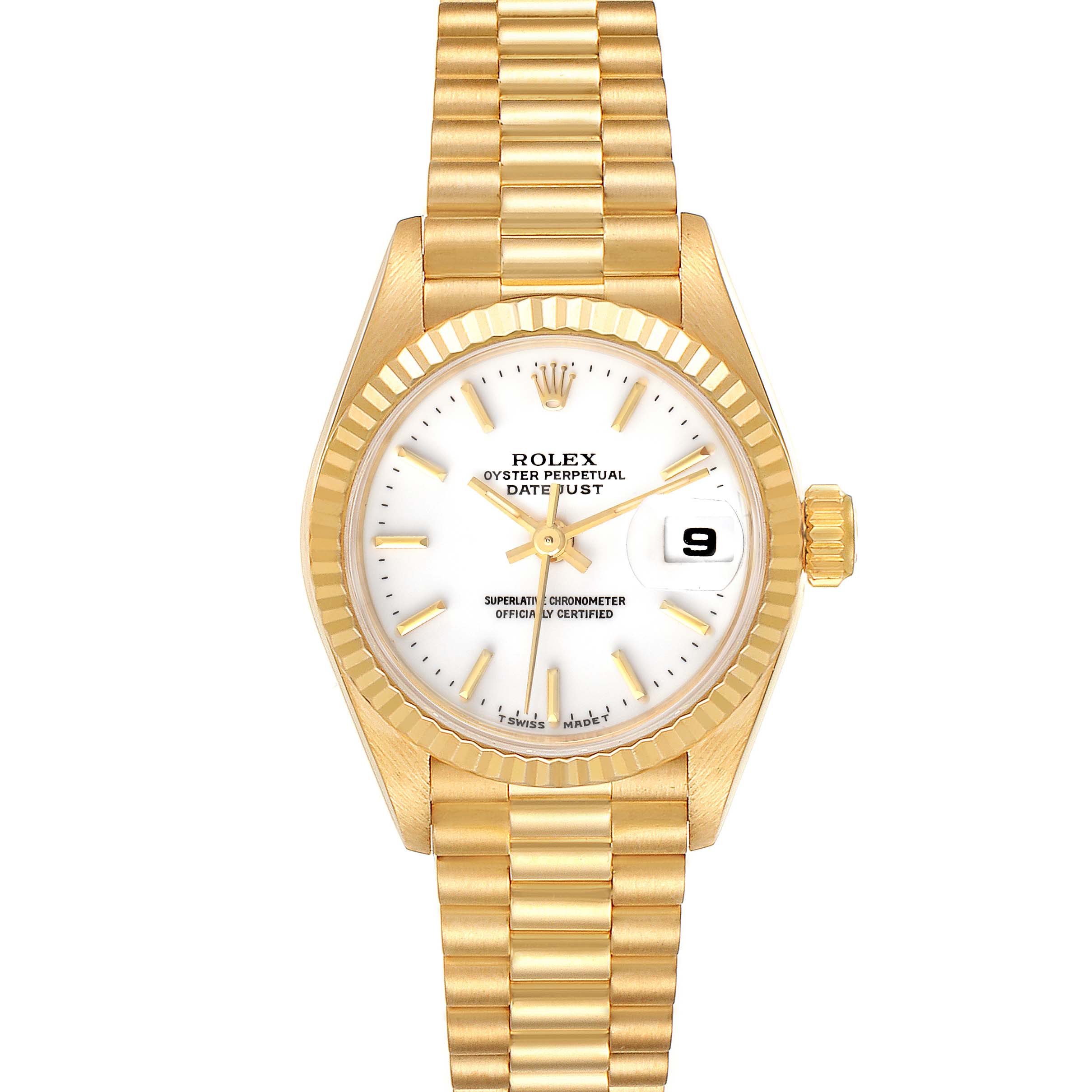 The image shows a frontal view of a Rolex President 69178 Women's Yellow Gold White Dial 69178 Women's Yellow Gold White Dial model watch, displaying its face, bracelet, fluted bezel, and date window.