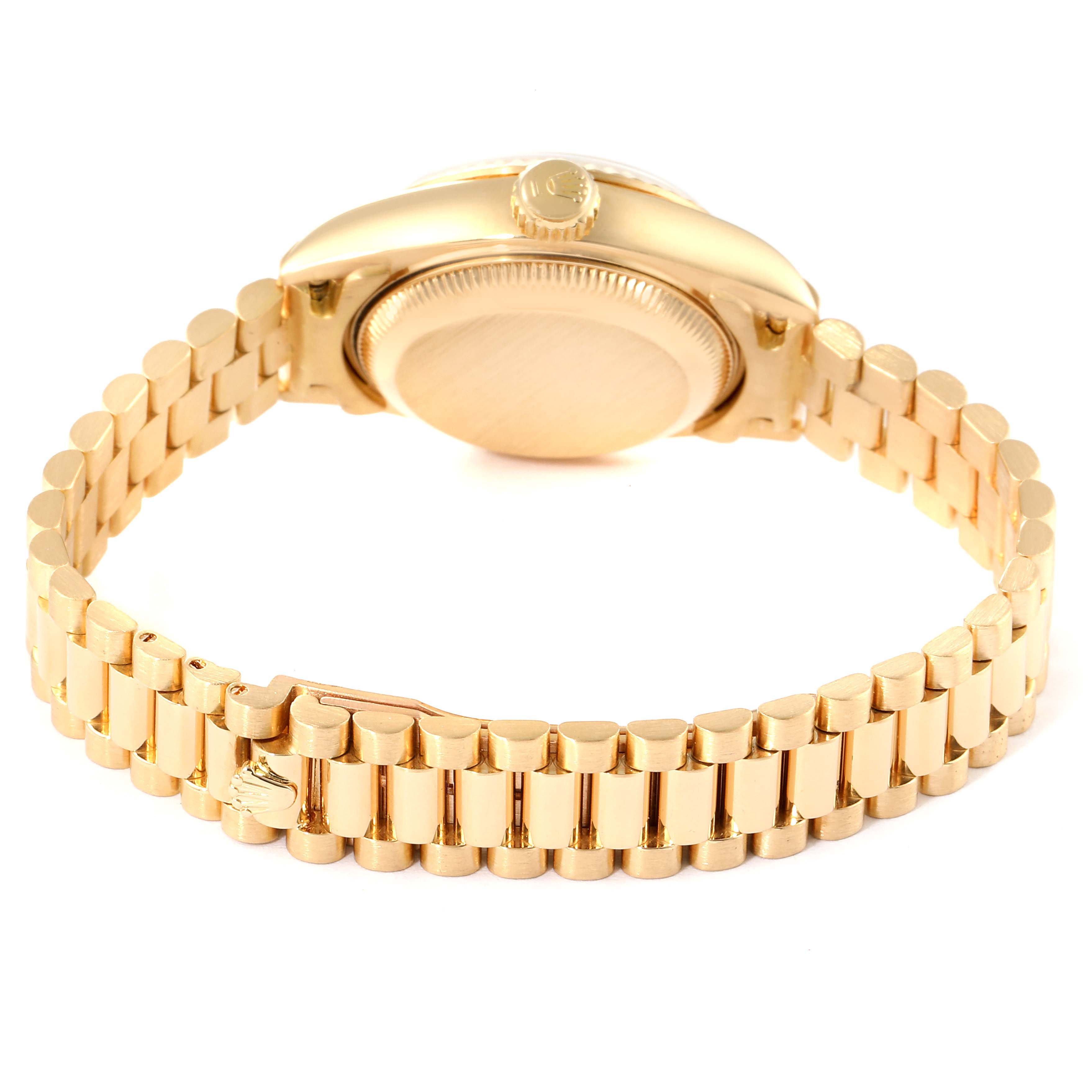 The image shows the side and bottom view of the Rolex President 69178 Women's Yellow Gold White Dial 69178 Women's Yellow Gold White Dial model watch, highlighting the case back, crown, and bracelet.