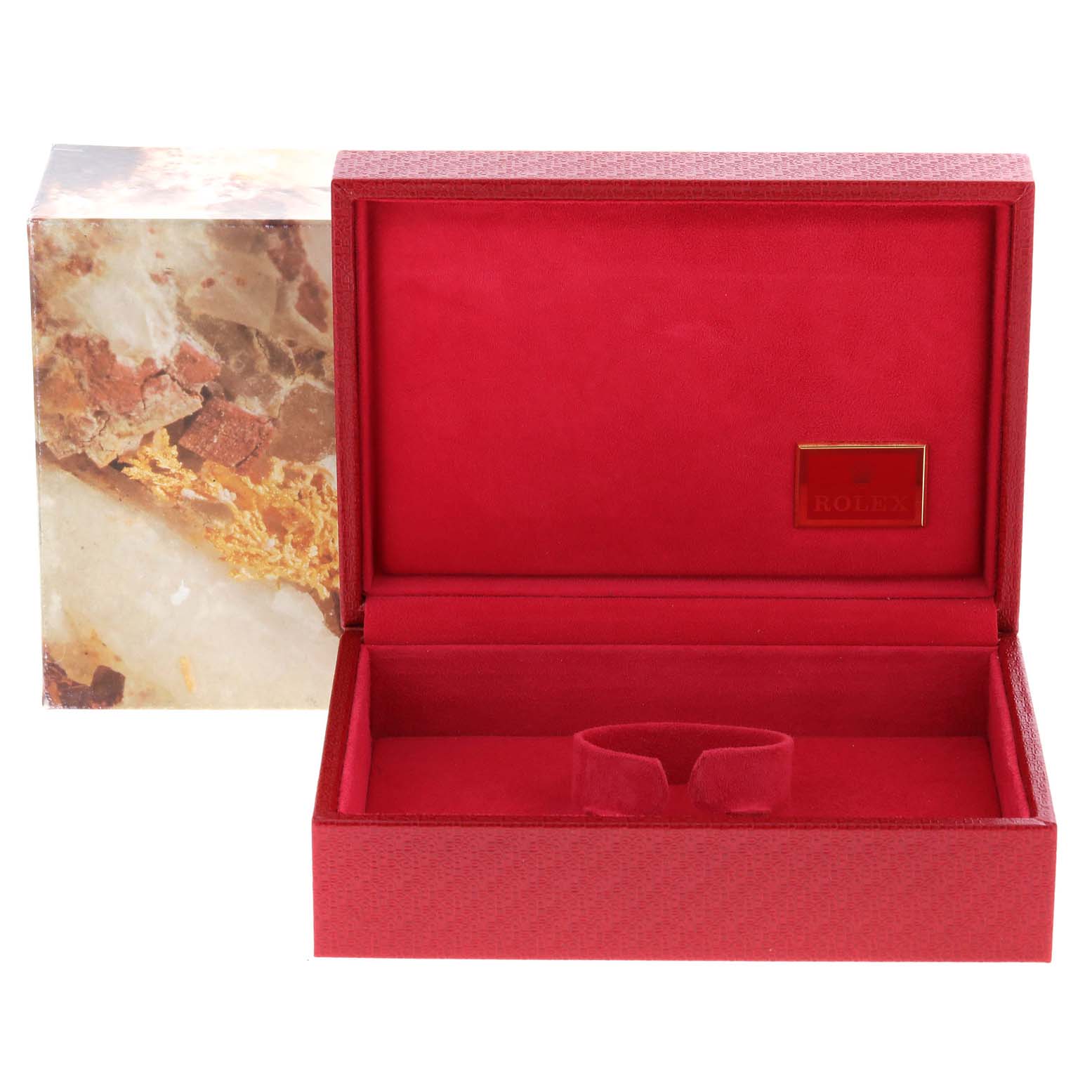 The image shows an open red watch box for the Rolex President 69178 Women's Yellow Gold White Dial 69178 Women's Yellow Gold White Dial model, with a compartment and a Rolex plate inside.