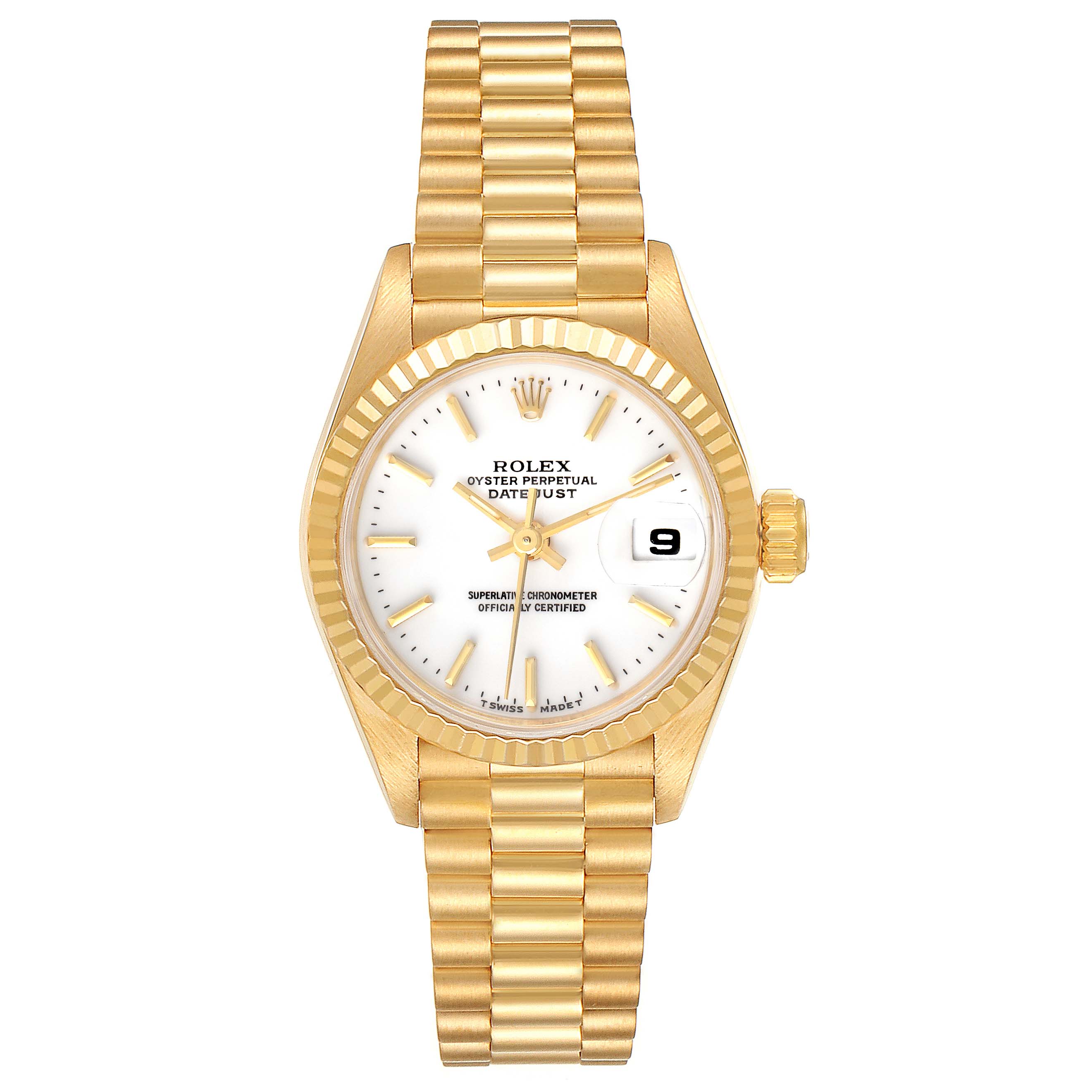 The Rolex President 69178 Women's Yellow Gold White Dial 69178 Women's Yellow Gold White Dial model watch is shown from a top-down angle, highlighting its gold band, face, and date window.