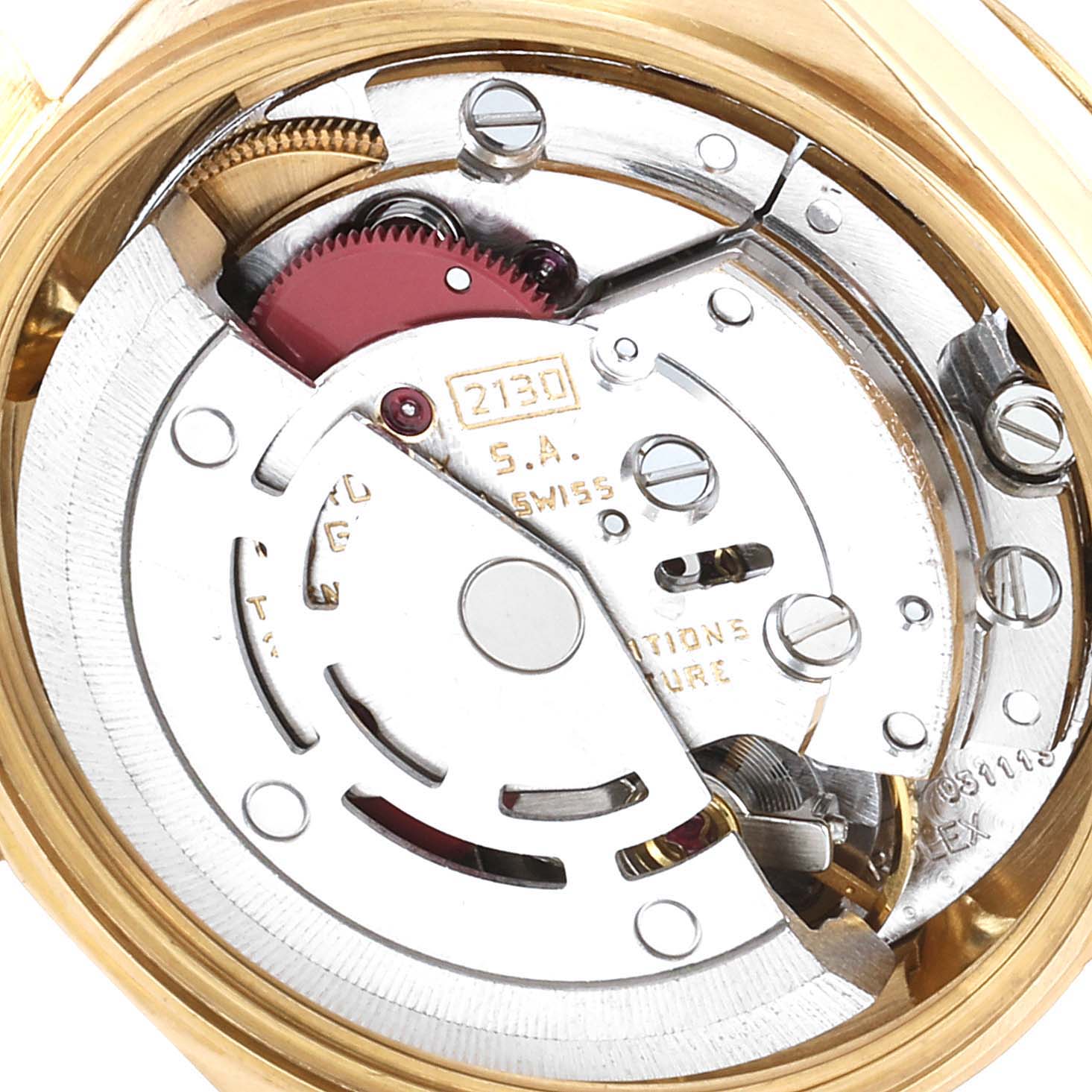 The image shows a close-up of the movement mechanism of the Rolex President 69178 Women's Yellow Gold Black Dial 69178 Women's Yellow Gold Black Dial model watch.