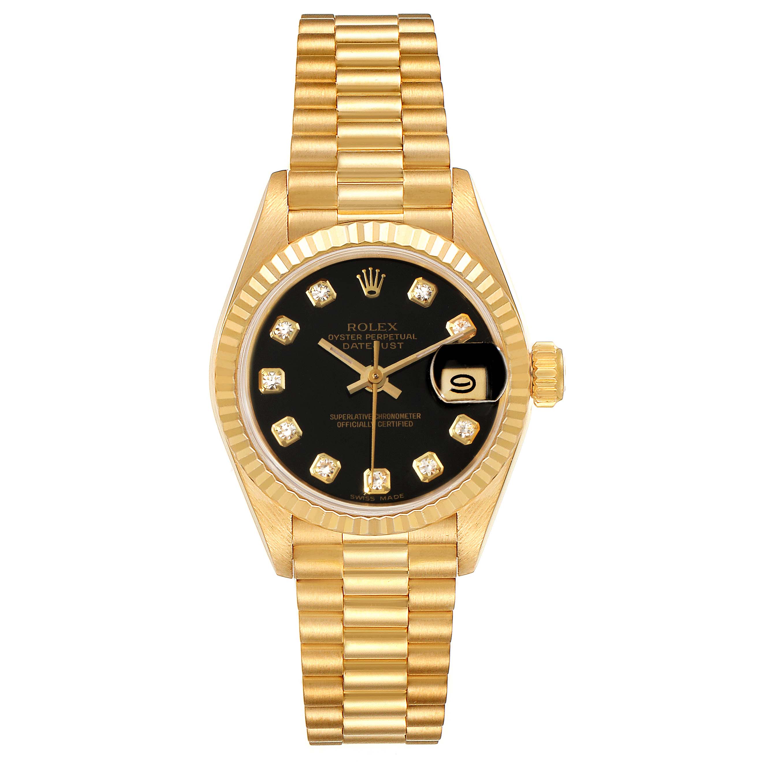 The image shows a Rolex President 69178 Women's Yellow Gold Black Dial 69178 Women's Yellow Gold Black Dial model watch from a front view, displaying the dial, bezel, case, and bracelet.