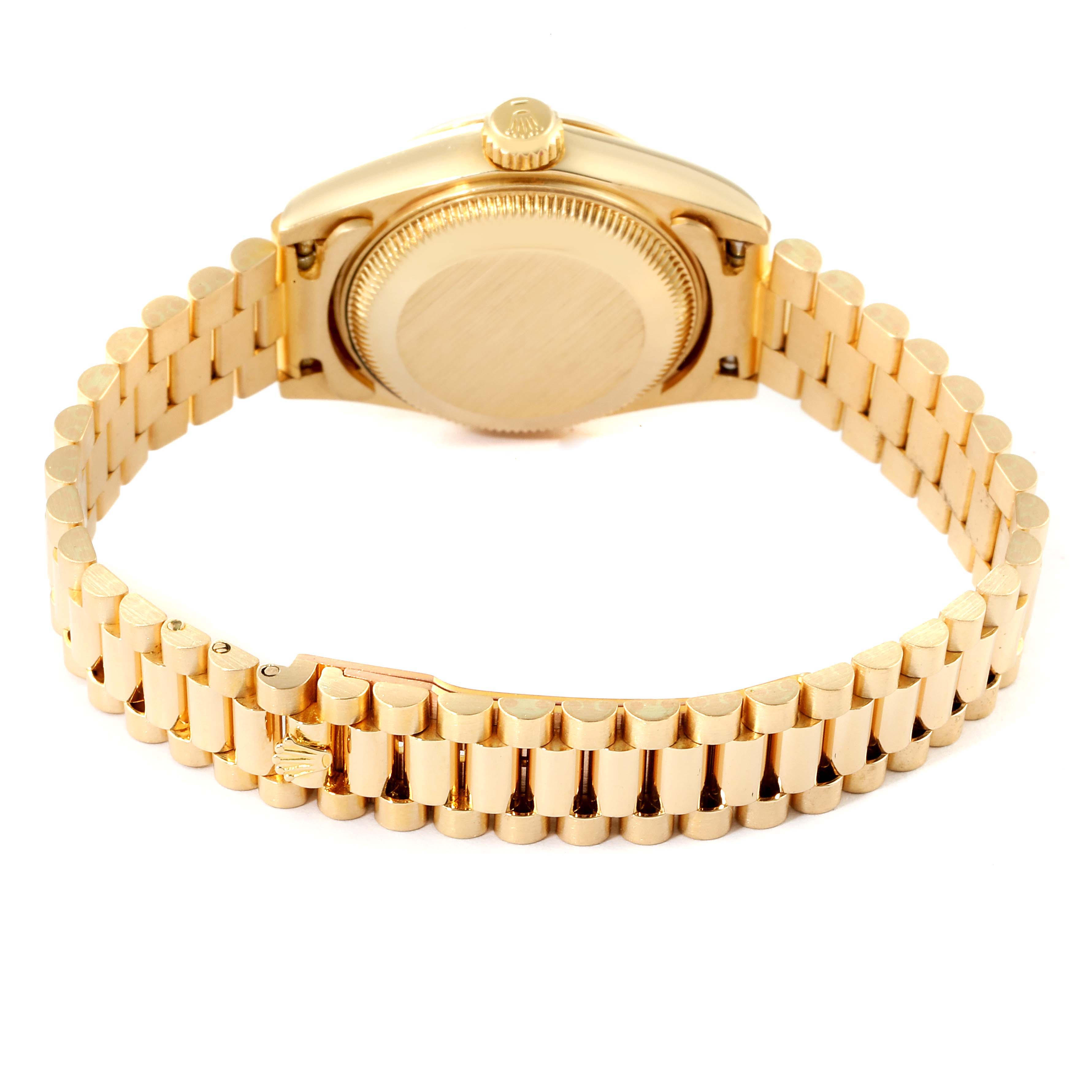 The image shows the back case and bracelet of a Rolex President 69178 Women's Yellow Gold Black Dial 69178 Women's Yellow Gold Black Dial model watch, taken from a slightly elevated angle.