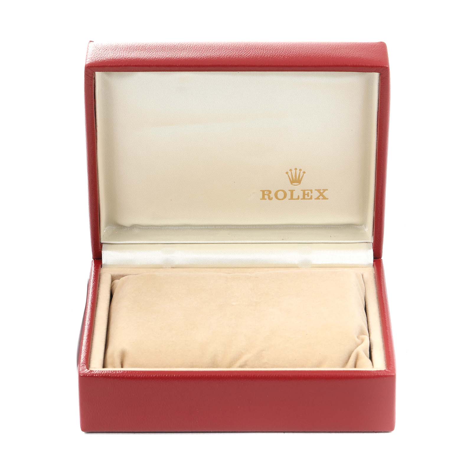 The image shows the open box of a Rolex President 69178 Women's Yellow Gold Black Dial 69178 Women's Yellow Gold Black Dial model watch, highlighting its beige interior and red exterior.