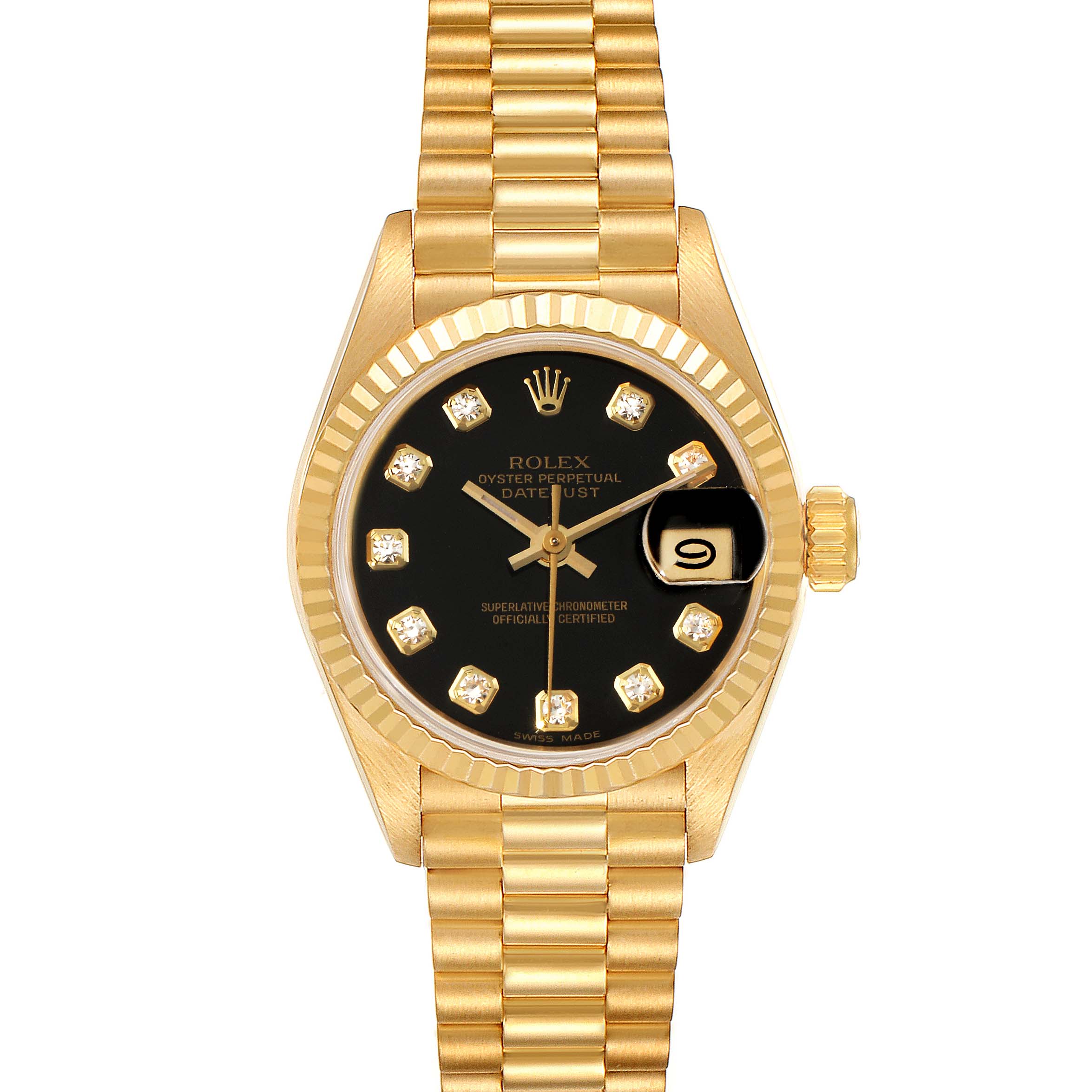 The image shows a top view of the Rolex President 69178 Women's Yellow Gold Black Dial 69178 Women's Yellow Gold Black Dial model watch, featuring its gold bracelet, black dial, and date display.