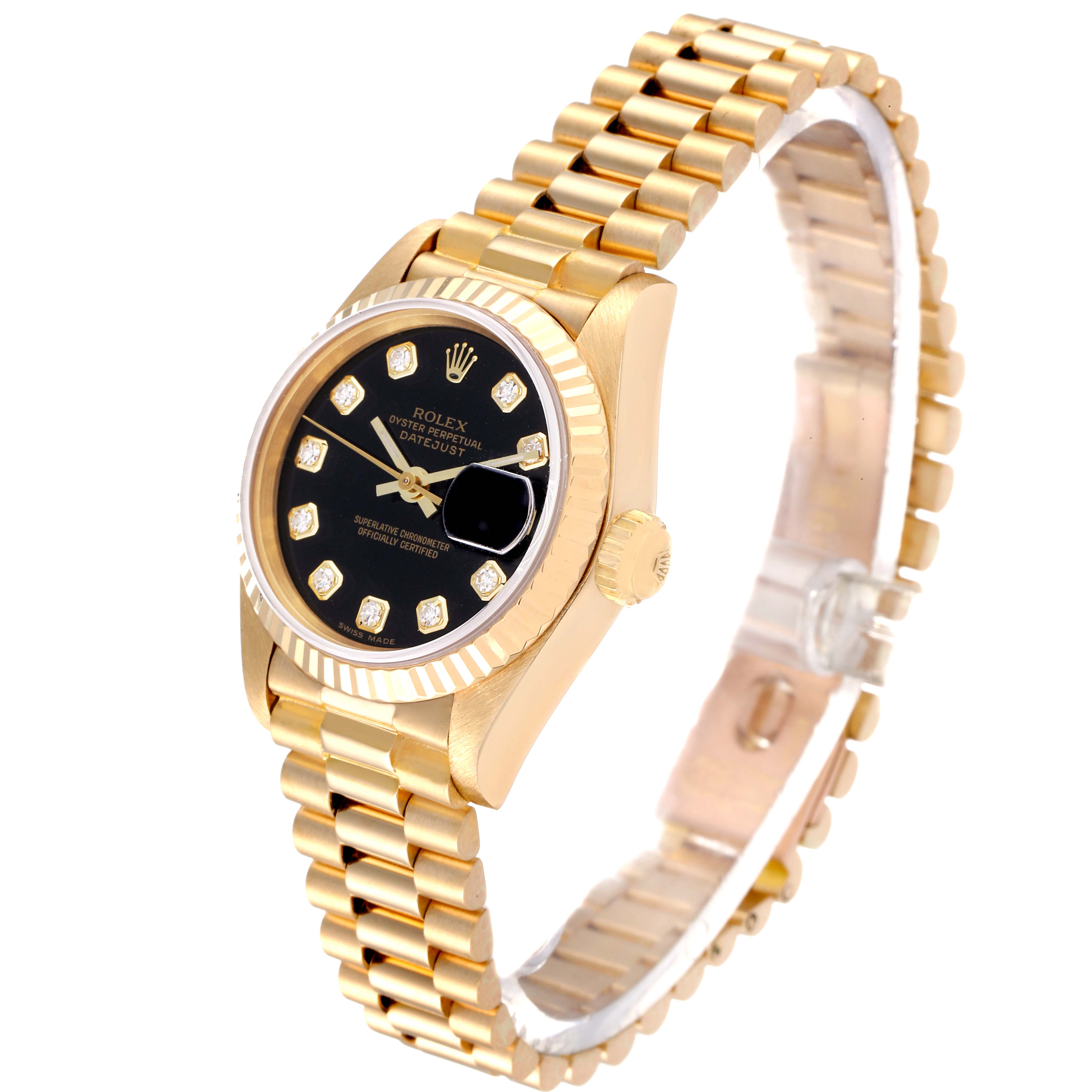The image shows a gold Rolex President 69178 Women's Yellow Gold Black Dial 69178 Women's Yellow Gold Black Dial model watch from an angled side view, highlighting the face, bezel, and bracelet.