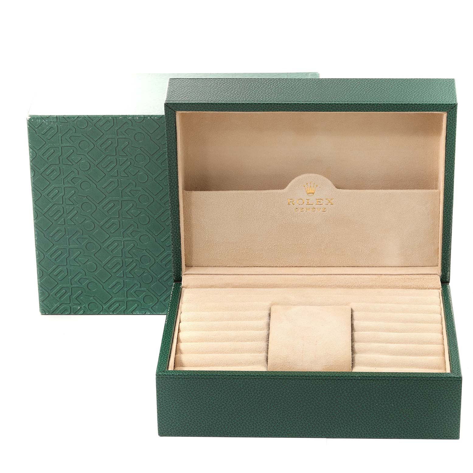 The image shows an open green Rolex box, specifically for the President model, with an empty beige interior.