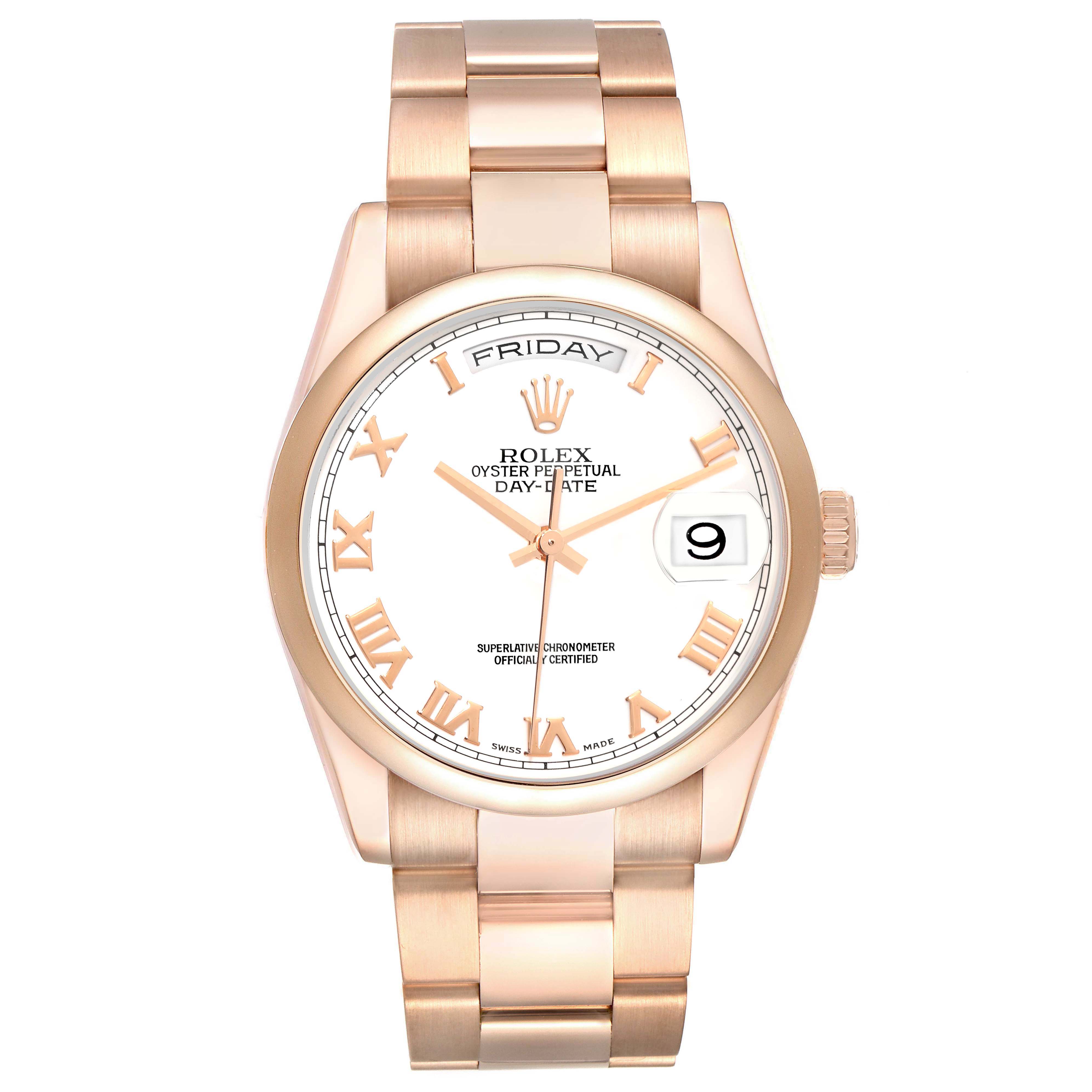 The image shows a Rolex President 118205 Men's Rose Gold White Dial 118205 Men's Rose Gold White Dial model watch from the front angle, depicting the face, bezel, and bracelet.