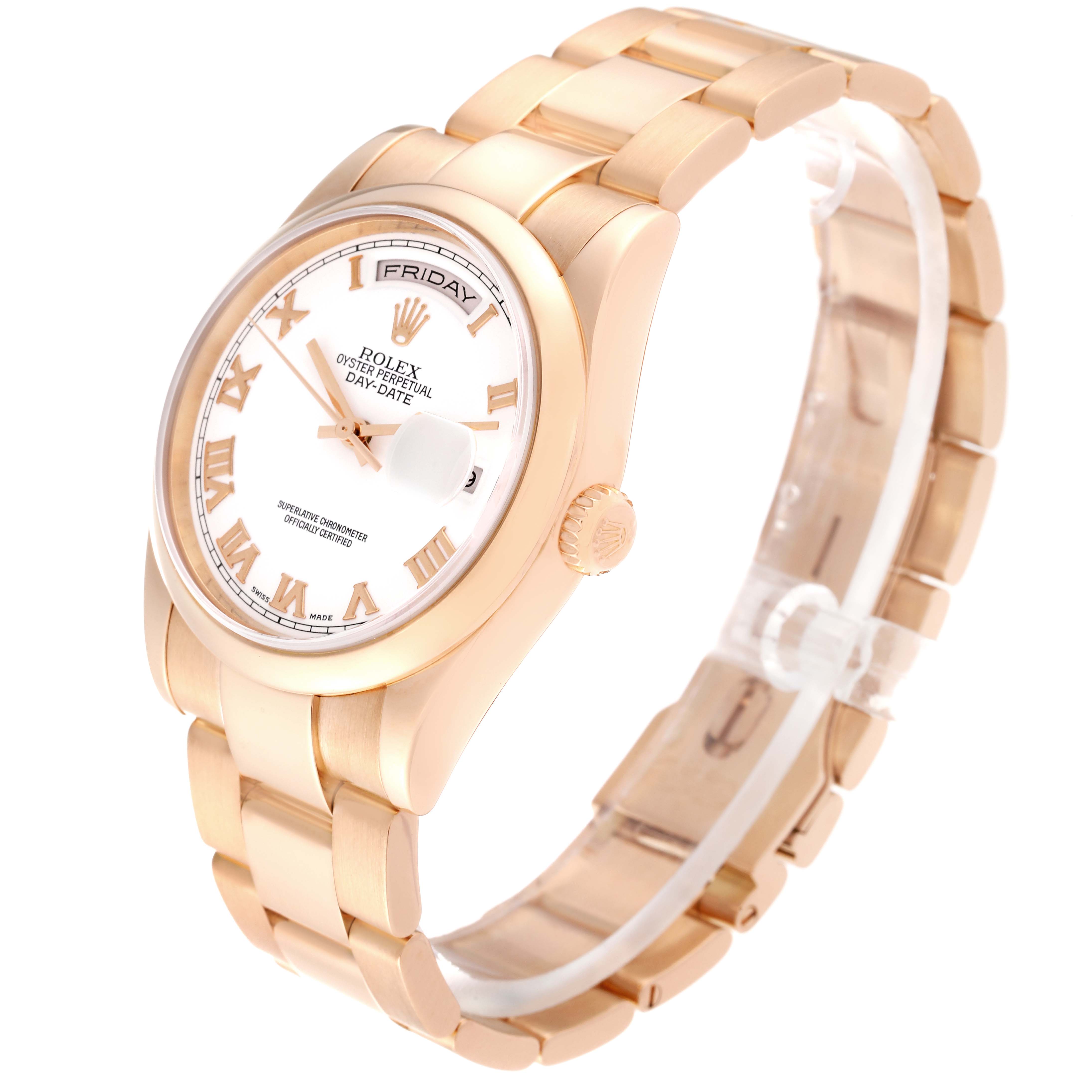 The image shows a Rolex President 118205 Men's Rose Gold White Dial 118205 Men's Rose Gold White Dial model watch at an angled view, highlighting the face, bracelet, and crown.