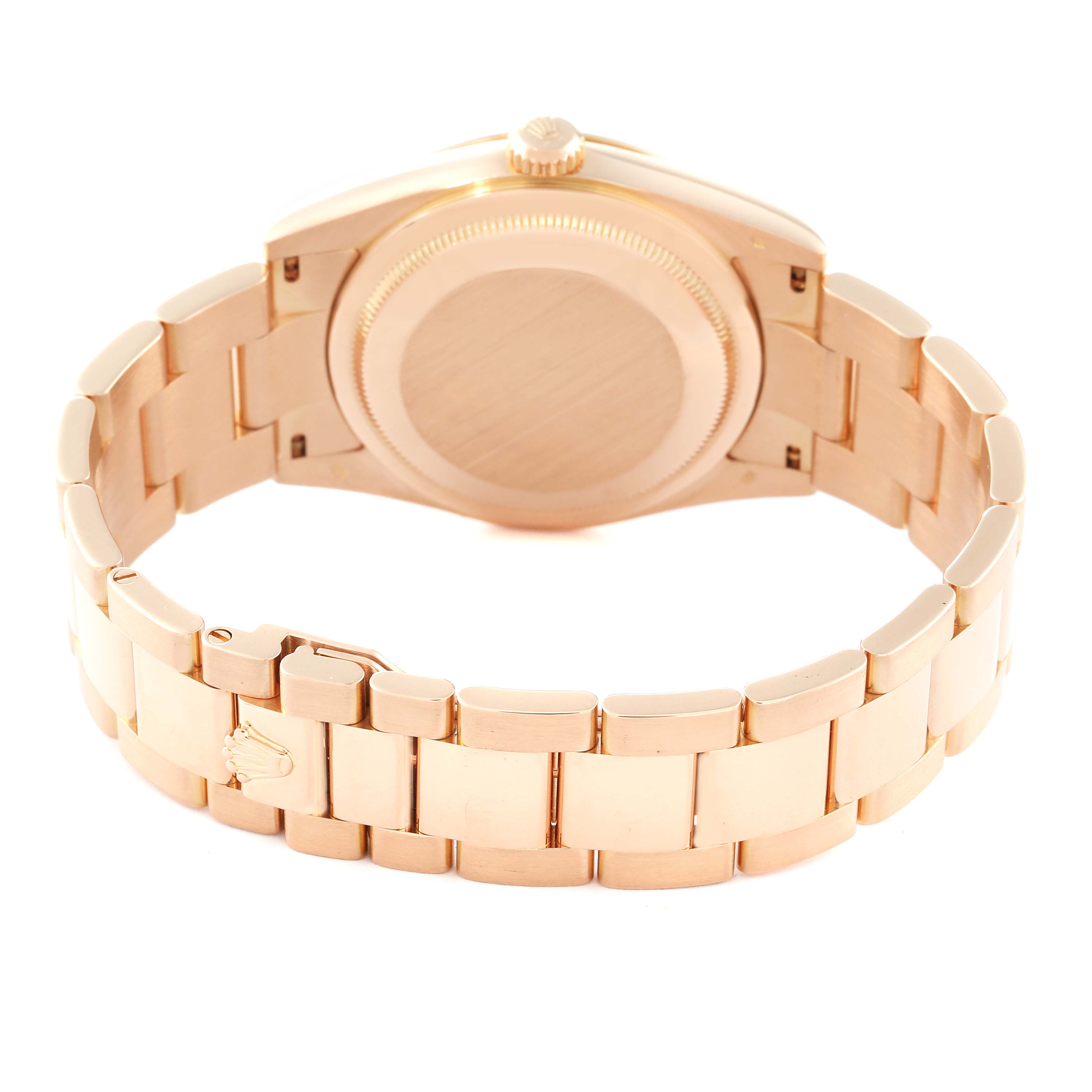 The image shows the back and bracelet of a Rolex President 118205 Men's Rose Gold White Dial 118205 Men's Rose Gold White Dial watch from a rear angle, highlighting the clasp and case back.