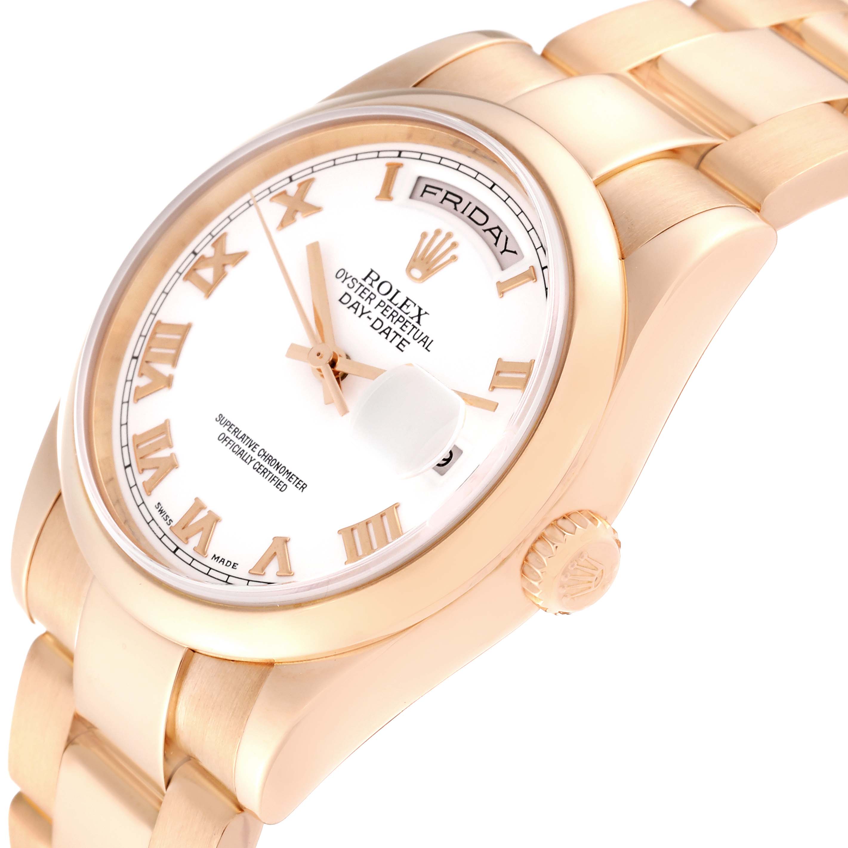 This image shows a side angle close-up of the Rolex President 118205 Men's Rose Gold White Dial 118205 Men's Rose Gold White Dial model, highlighting its face, band, and crown.