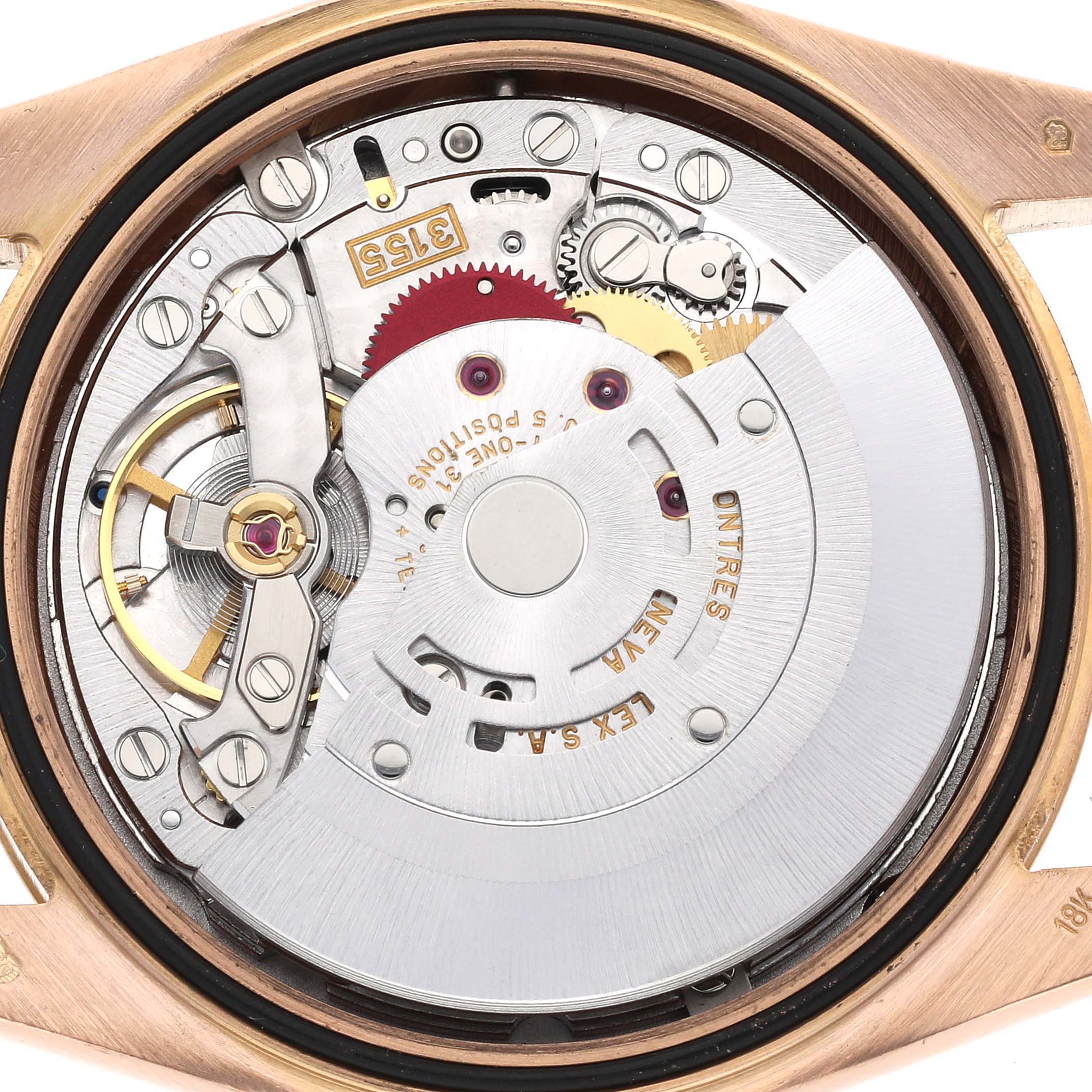 This image shows the internal movement mechanism of the Rolex President 118205 Men's Rose Gold White Dial 118205 Men's Rose Gold White Dial model watch from a back angle.