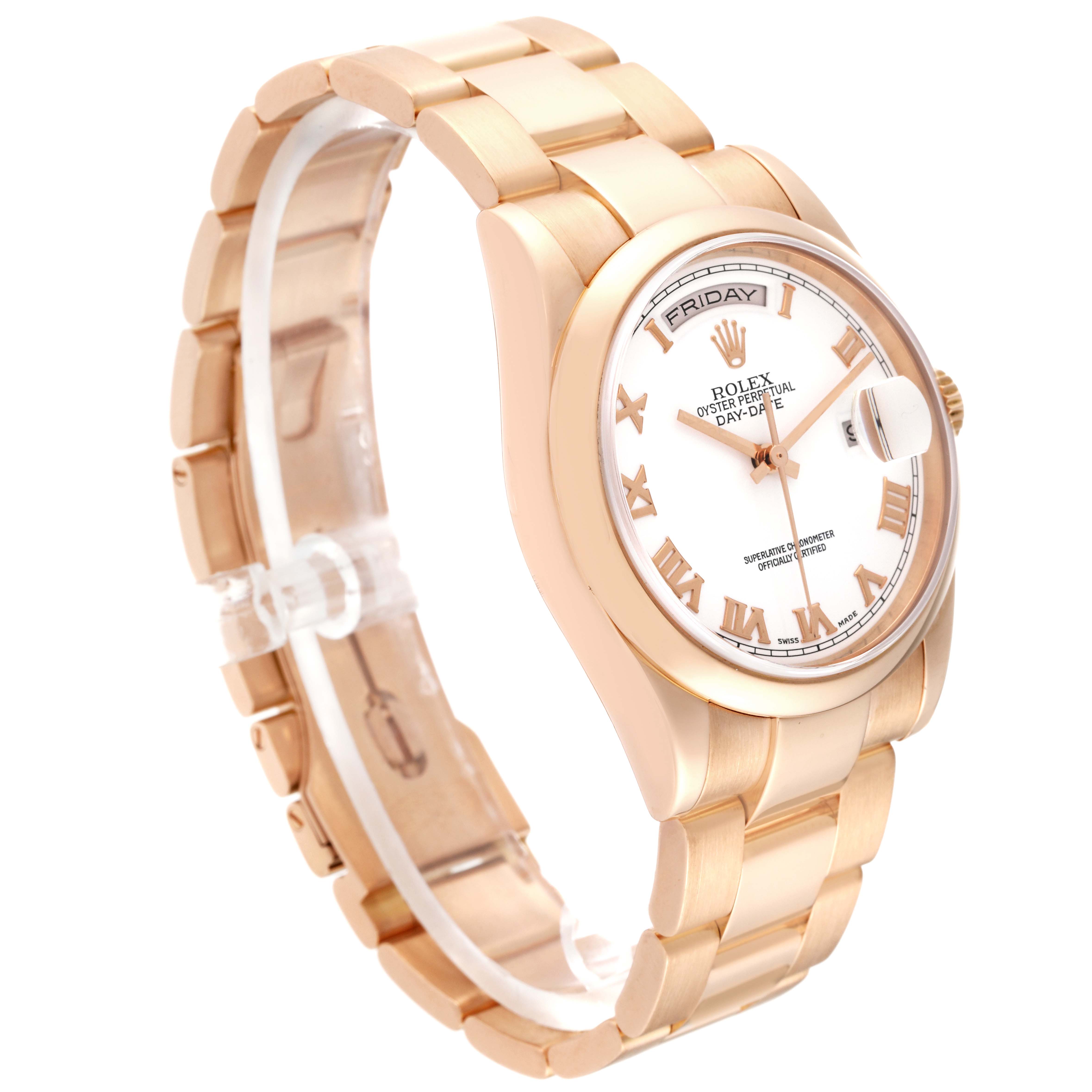 The image shows the dial, bezel, and bracelet of a Rolex President 118205 Men's Rose Gold White Dial 118205 Men's Rose Gold White Dial model watch at a three-quarter angle.