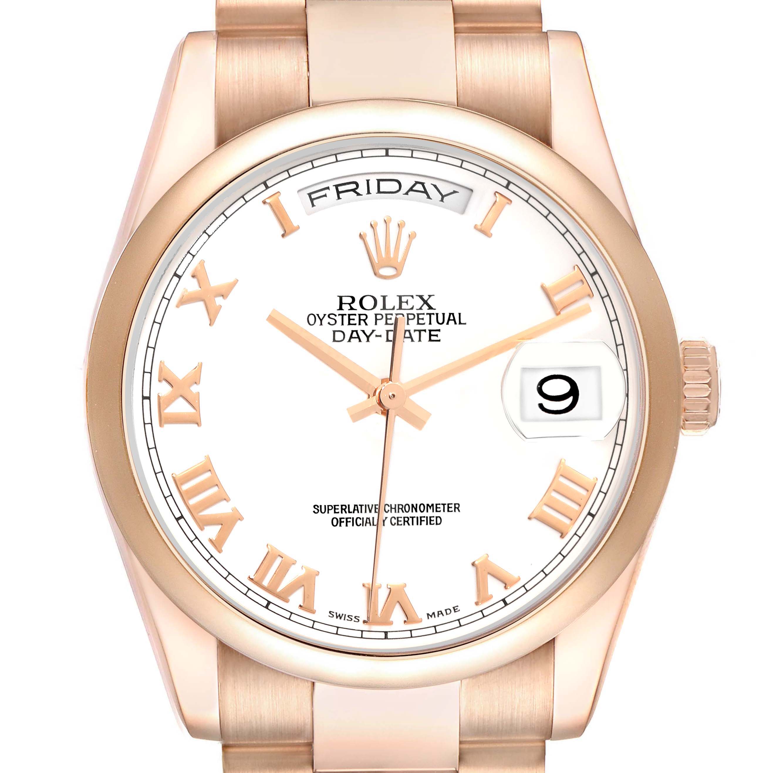 This is a head-on view of a Rolex President 118205 Men's Rose Gold White Dial 118205 Men's Rose Gold White Dial model watch, showcasing the dial, hands, and part of the bracelet.