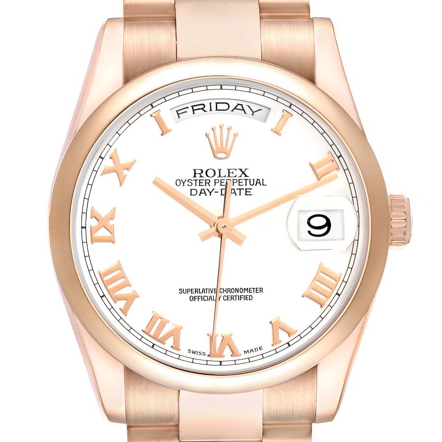 Rolex President Day Date 36 Rose Gold White Dial Mens Watch 118205 SwissWatchExpo