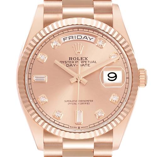 The Rolex President 128235 Men's Rose Gold Pink Dial model is shown from the front, highlighting the dial, bezel, day and date displays, and bracelet.