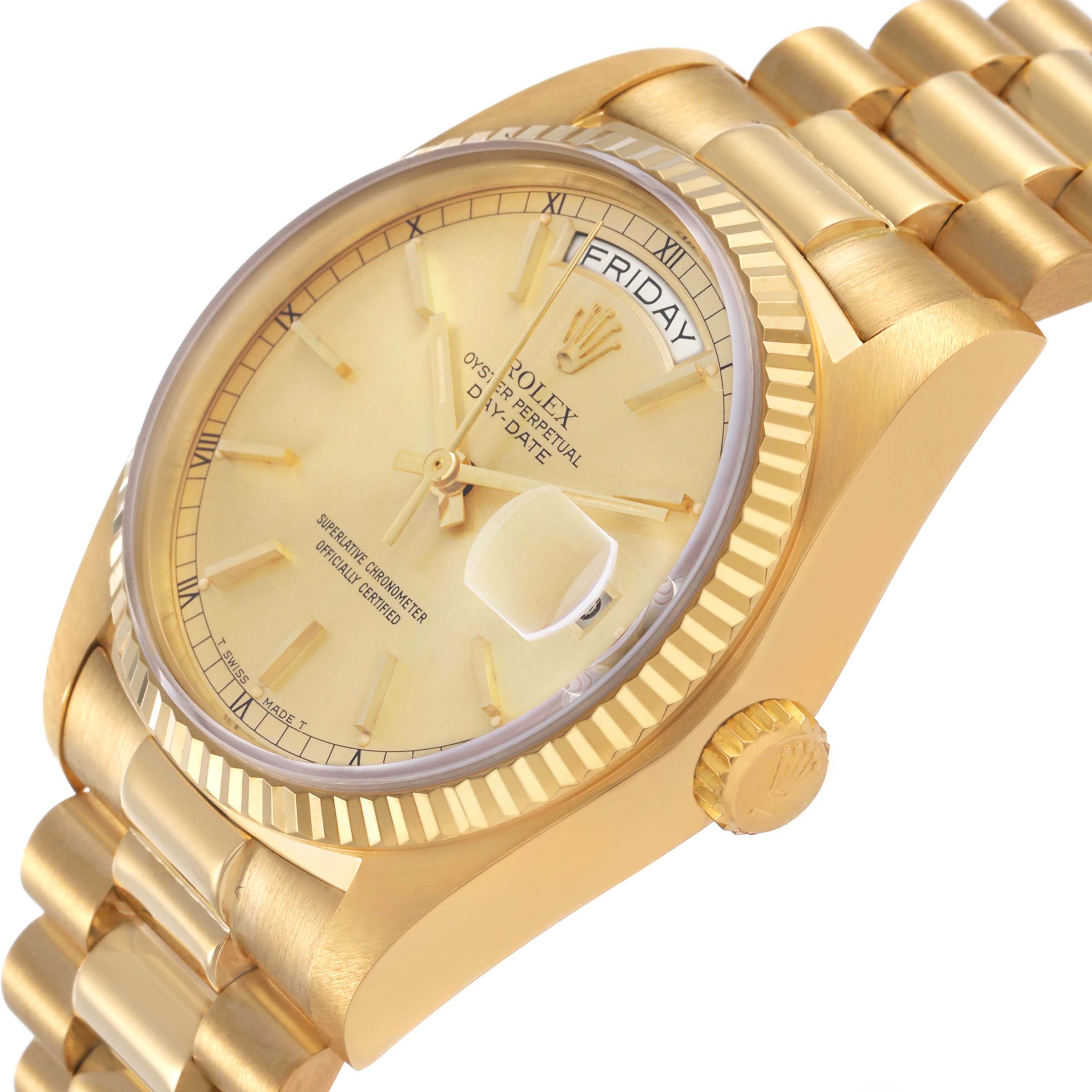 The image shows a Rolex President 18038 Men's Yellow Gold Champagne Dial model watch at an angle, highlighting the gold bracelet, fluted bezel, and day-date function.