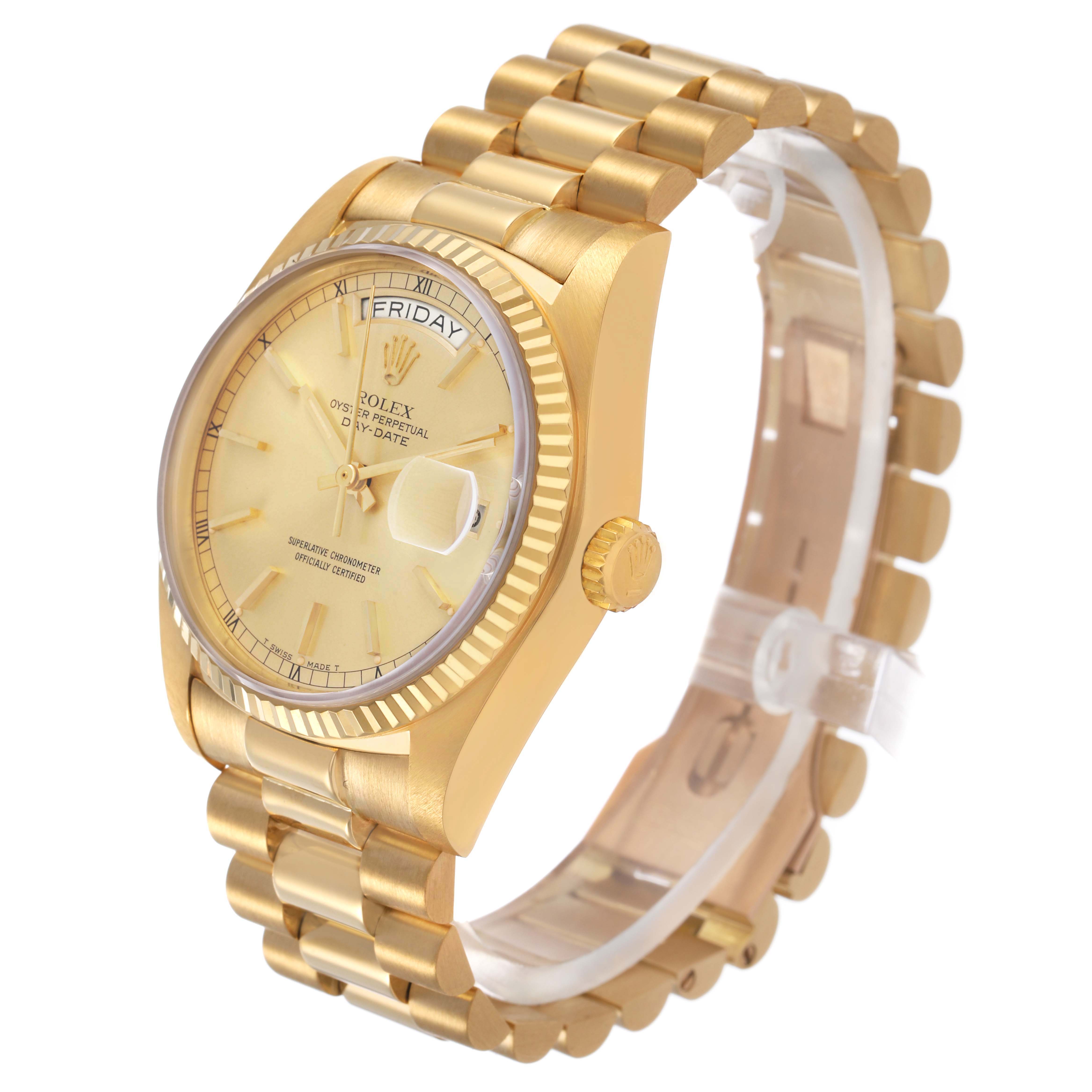 The Rolex President 18038 Men's Yellow Gold Champagne Dial model is shown at a three-quarter angle, displaying its gold case, fluted bezel, bracelet, and day-date window.