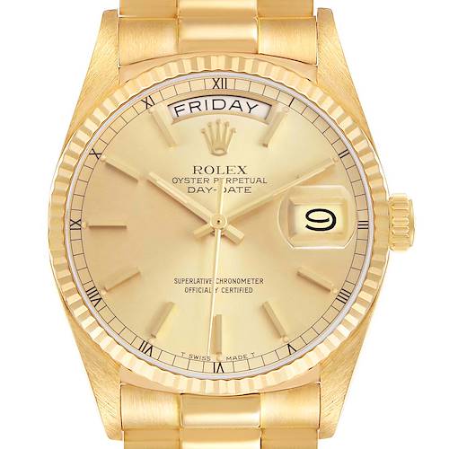The Rolex President 18038 Men's Yellow Gold Champagne Dial model is shown from a front angle, displaying the dial, bezel, day-date feature, and part of the bracelet.