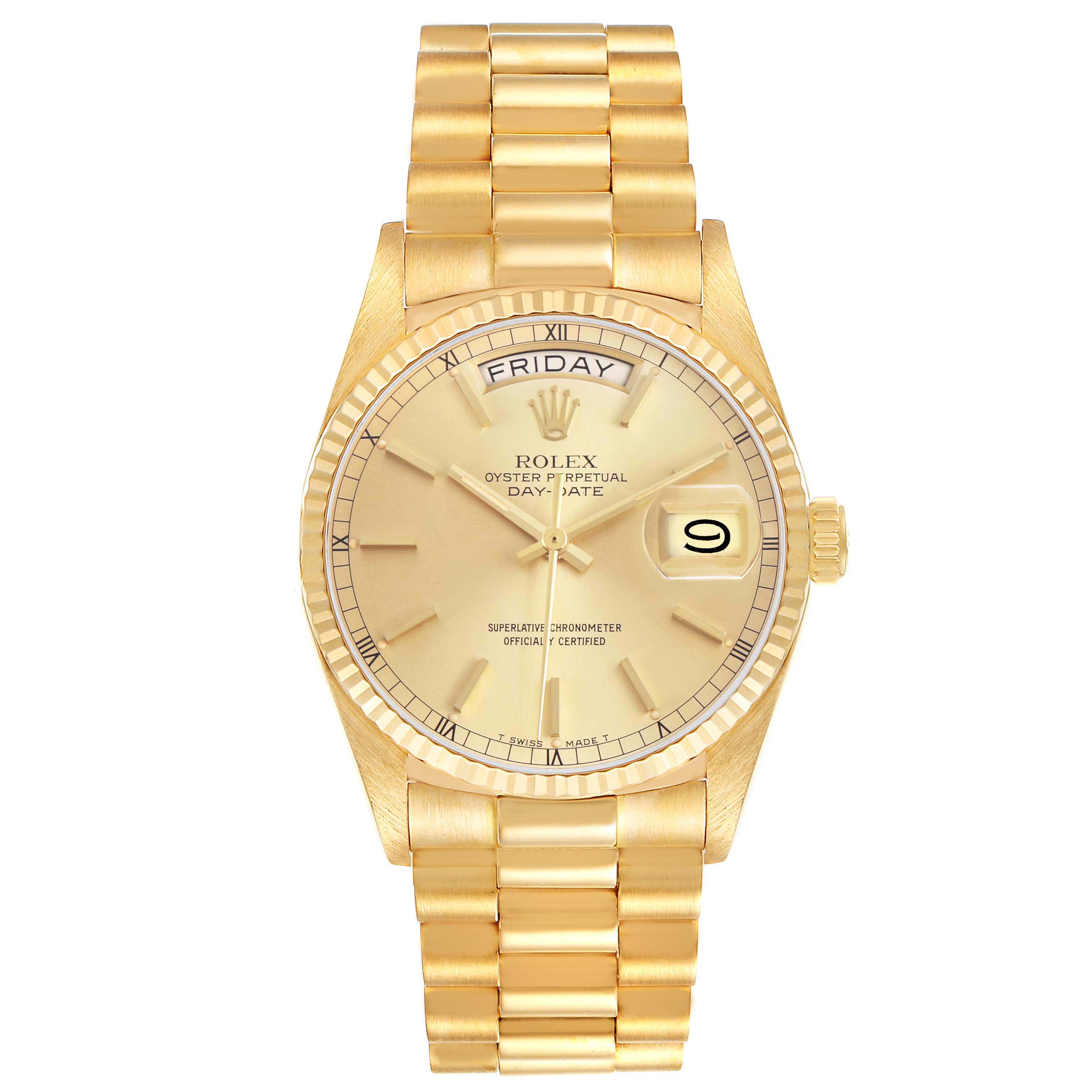 The Rolex President 18038 Men's Yellow Gold Champagne Dial model watch is shown from a top view, featuring the dial, bracelet, day, and date display.
