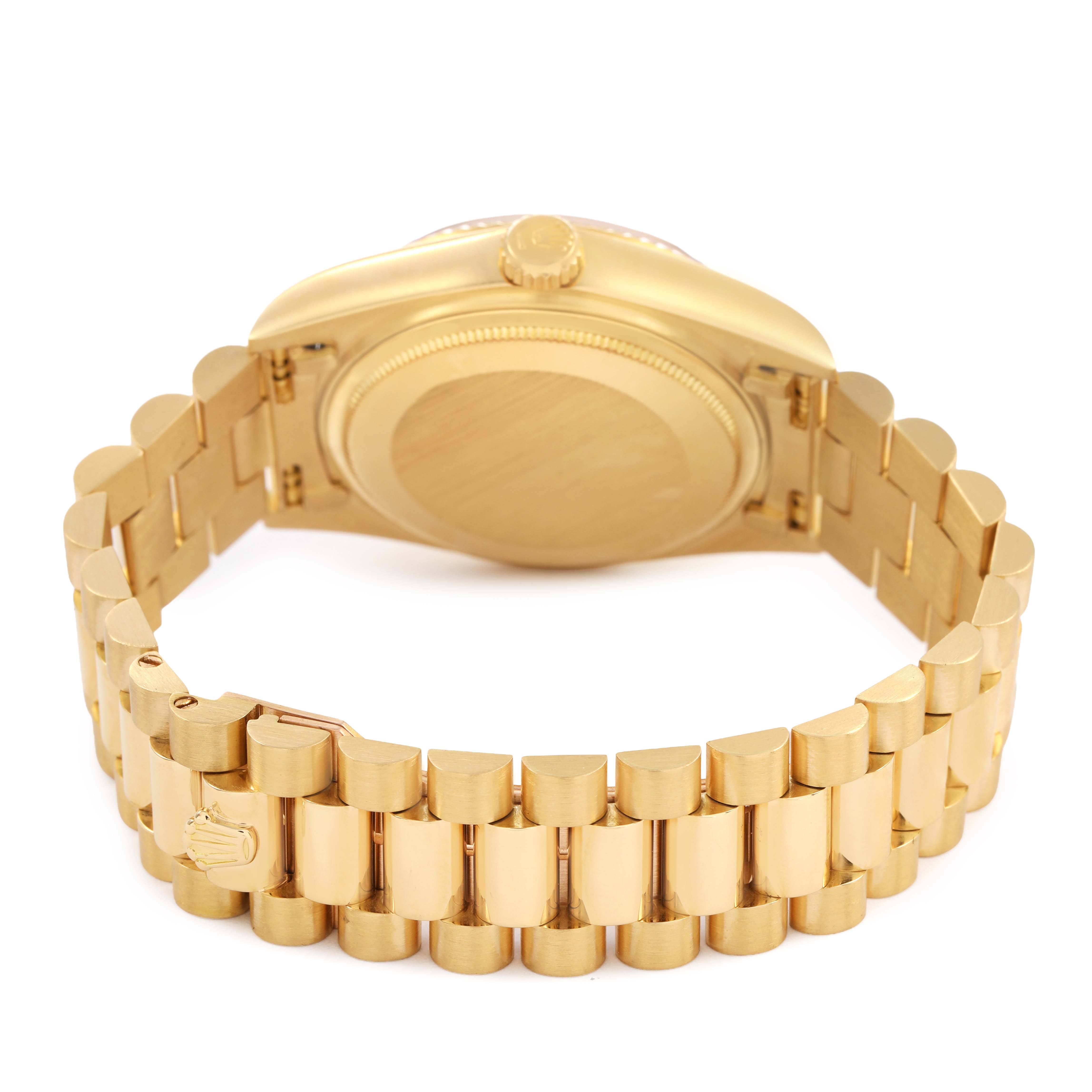 The image shows the back and side of a Rolex President 18038 Men's Yellow Gold Champagne Dial model, highlighting the gold case, case back, and bracelet.