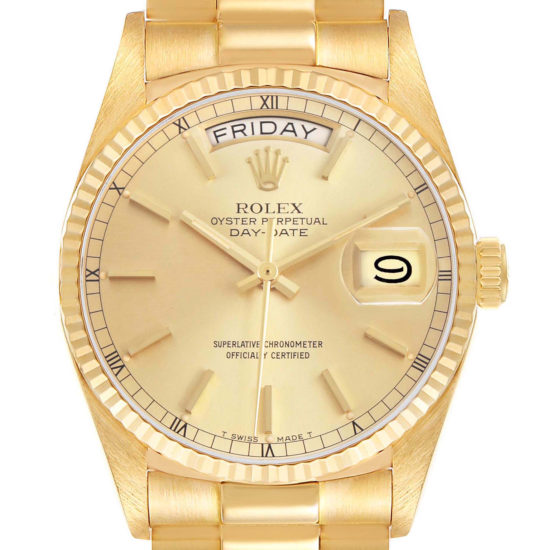 The image shows a Rolex President 18038 Men's Yellow Gold Champagne Dial model watch from a front angle, highlighting the dial, day and date display, bezel, and bracelet.